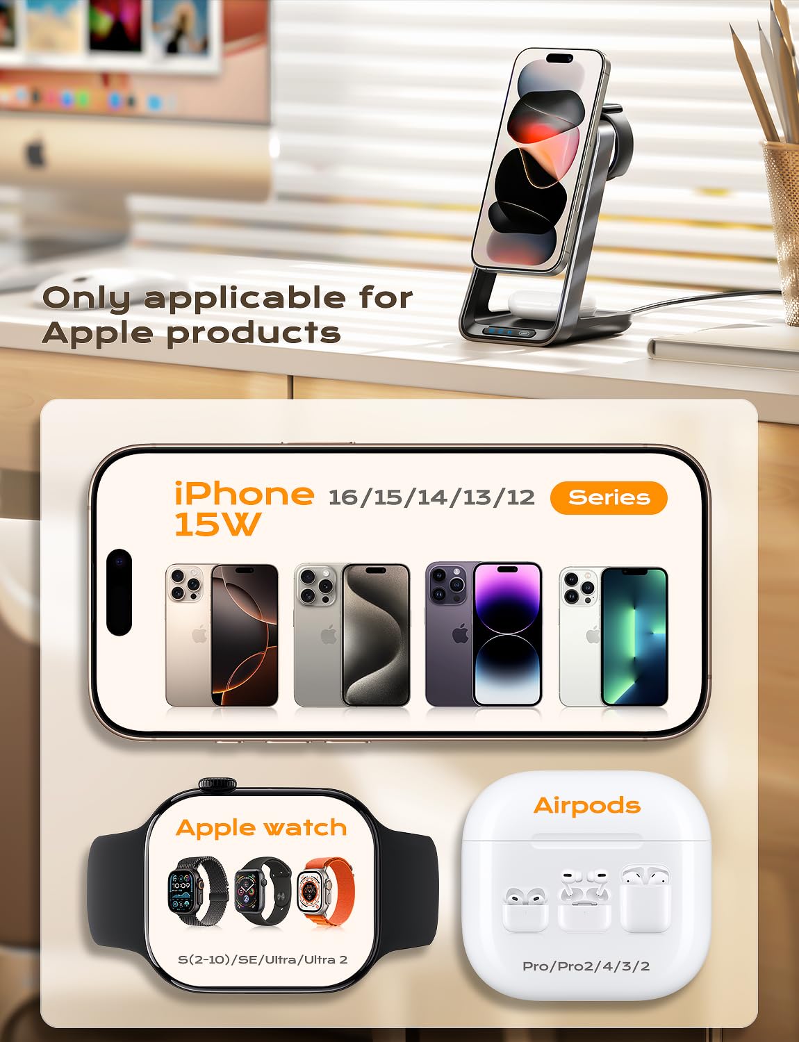3-in-1 Magnetic Wireless Charging Station for iPhone 16/15/14/13/12 Series, Apple Watch 10/Ultra 2 & AirPods 4/3/Pro/Pro 2 - Fast Charging with Cooling Fan - Perfect for Home, Office and Travel
