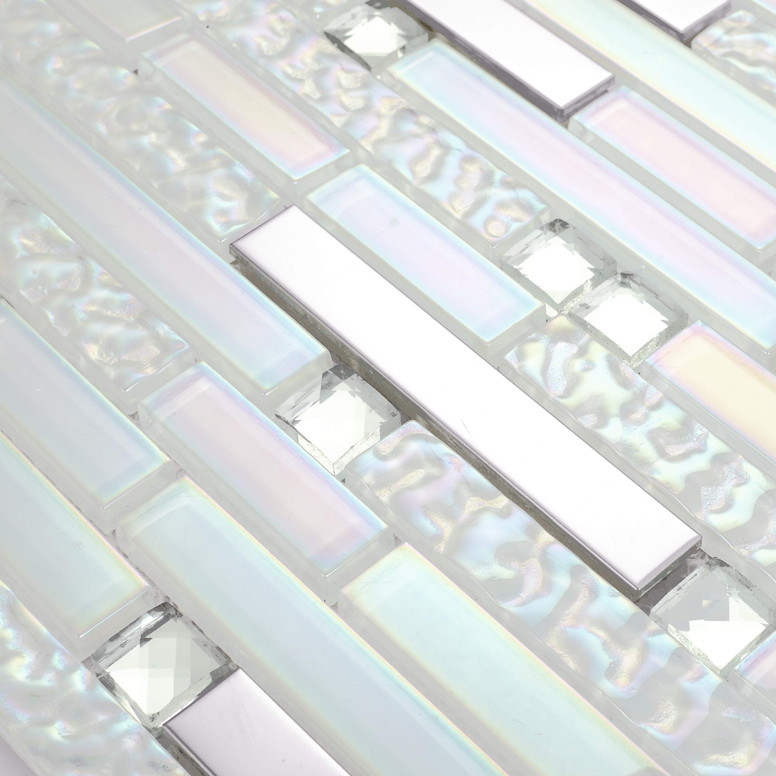 Iridescent White Glass & Shiny Silver Stainless Steel Linear Mosaic Backsplash Tile - Interlocking Strips for Bathroom & Kitchen Walls (5 Sq Ft) - Waterproof & Easy to Clean for Showers, Backsplashes, and Accent Walls