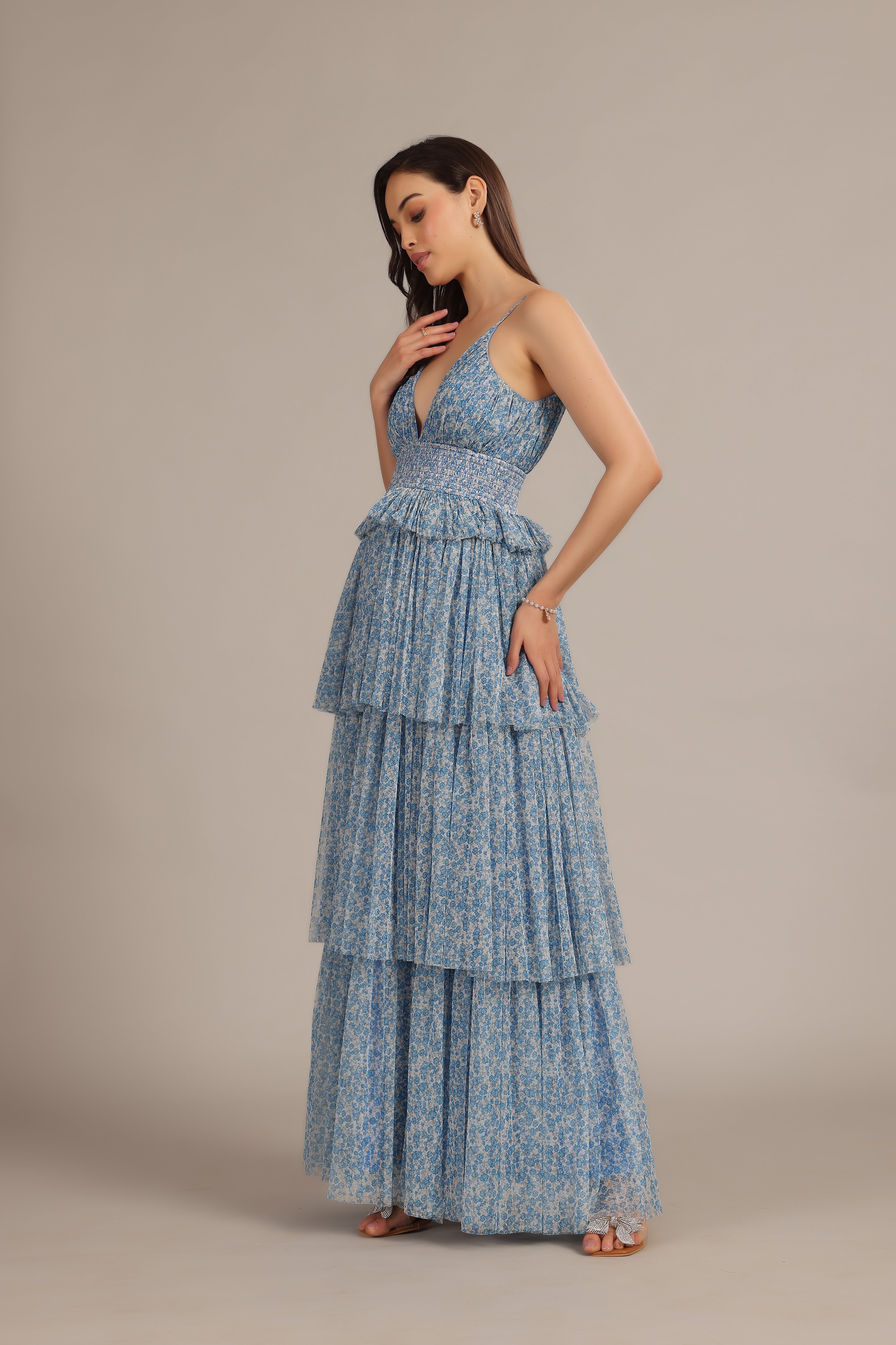 Rani Maxi Dress in Ditsy Blue Floral - Women's Boho Floral Print Long Dress for Summer, Beach, Vacation & Casual Wear