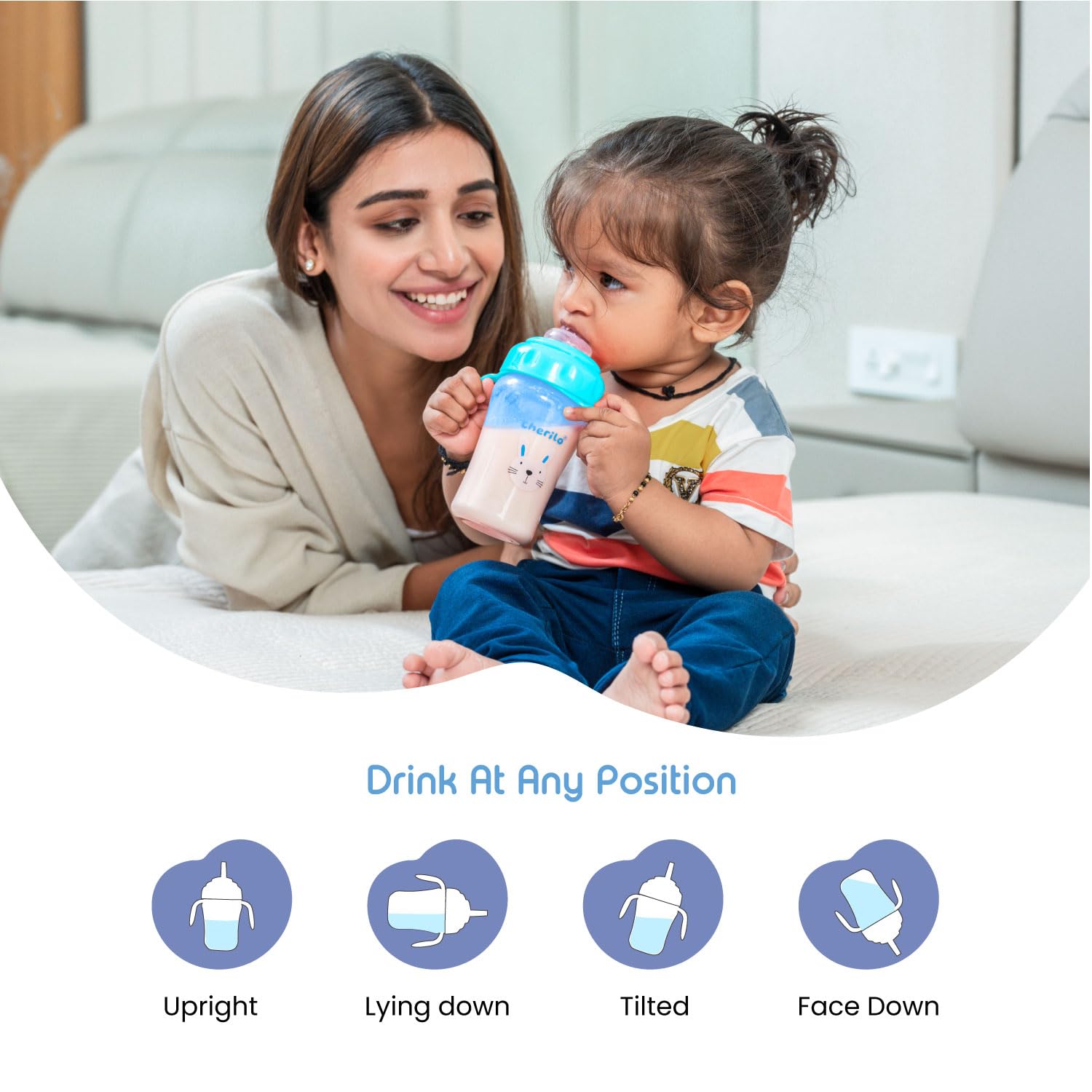 Cherilo Little Bunny Baby Sippy Cup - Leak Proof Training Cup for 6-12 Month Olds - Soft Silicone Spout & Straw with Handles - BPA Free Non-Toxic Baby Water Bottle (210ml, Blue) - Perfect for Daycare, Travel & Learning to Drink Independently