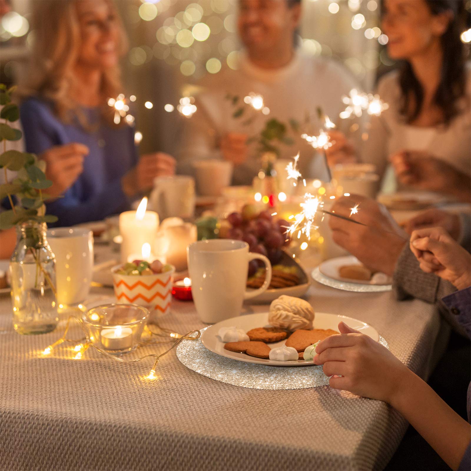 Sparkling Silver Glitter Round Placemats Set of 4 - 15.4 Inch Wedding & Dining Table Decor - Elegant Table Setting for Parties, Anniversaries & Special Occasions