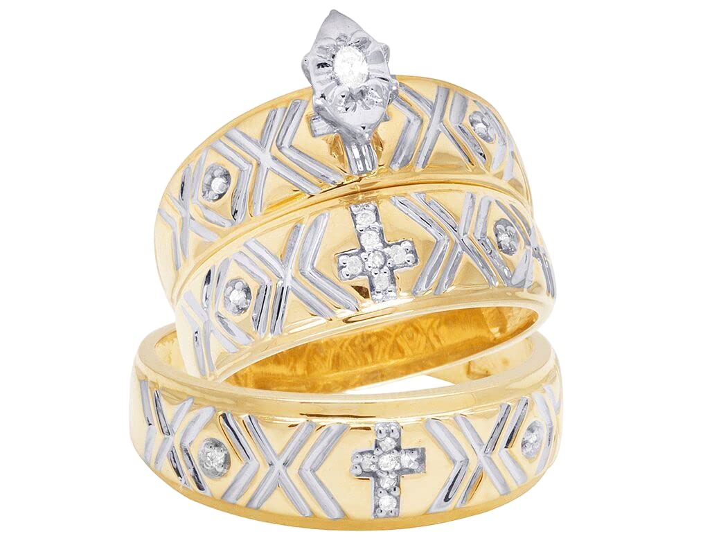 SSJewel 0.12 Ct Oval & Round Cut Diamond Two-Tone Religious Cross His & Her Trio Bridal Wedding Band Engagement Ring Set - 14K Gold Plated 925 Sterling Silver Handmade Anniversary Gift for Women | Perfect for Christian Weddings, Valentine's Day & Proposal Jewelry