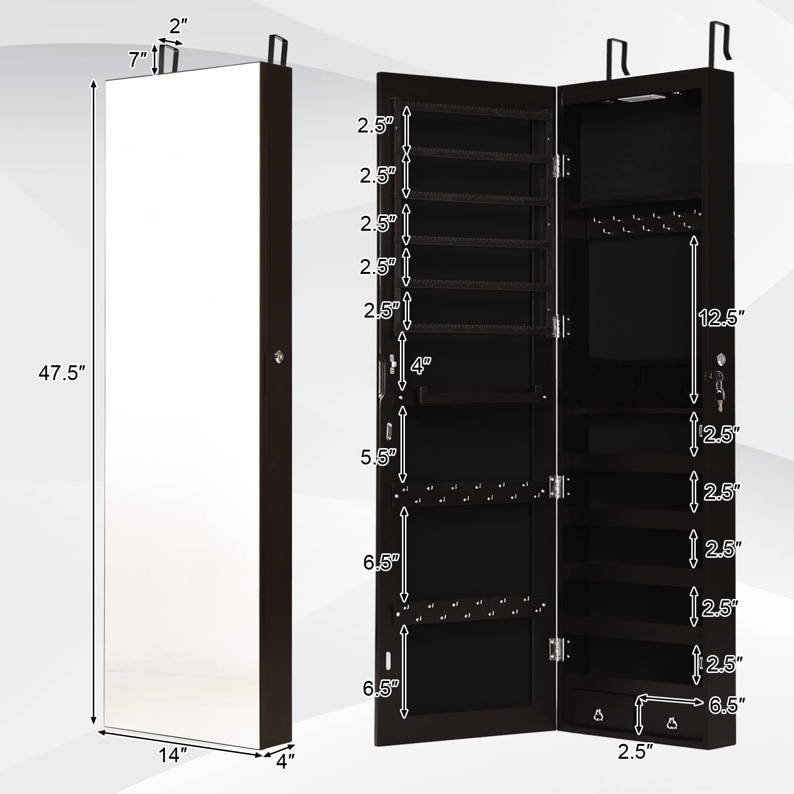 COSTWAY Hanging Jewelry Organizer with Full-Length Mirror & LED Lights - Wall Mount Jewelry Cabinet with Lock, Large Storage for Necklaces, Rings, Earrings - Perfect for Bedroom, Closet & Dressing Room (Brown)