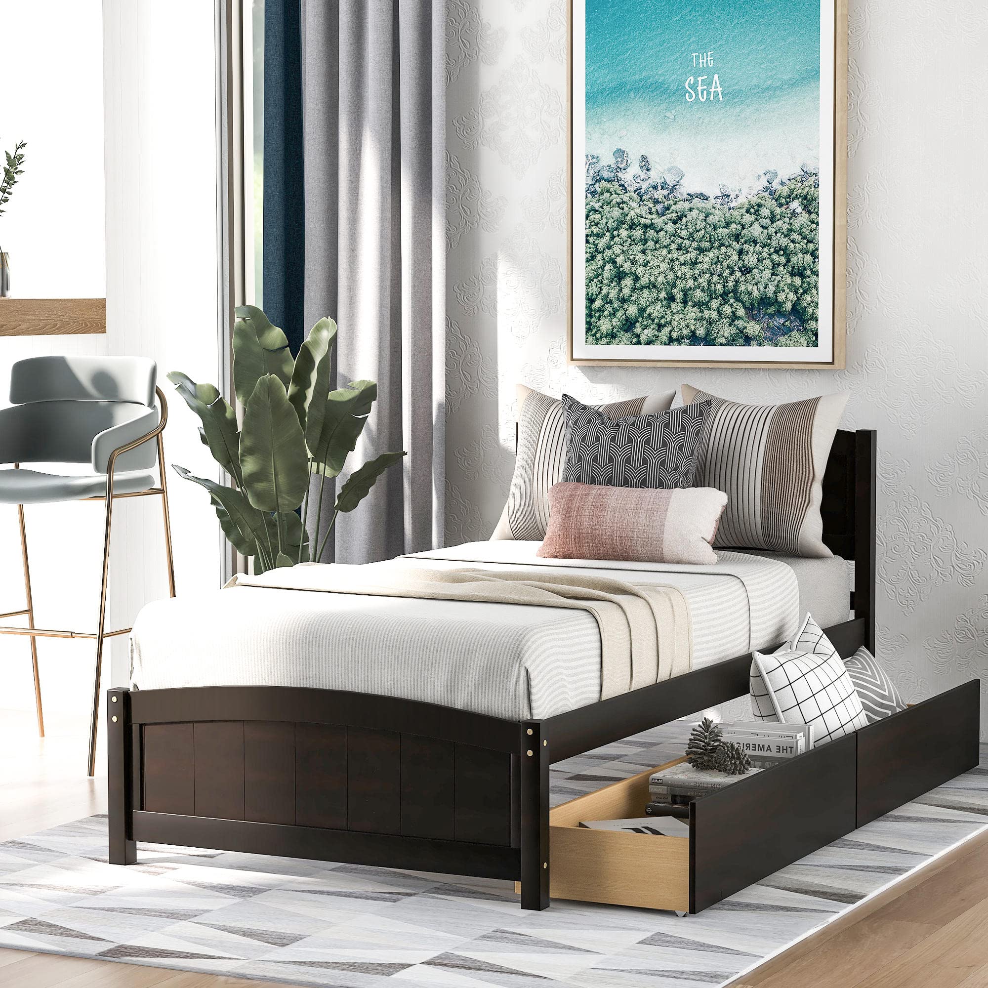 Twin Wood Platform Bed Frame with Storage Drawers, Headboard & Footboard - Solid Wood Slat Support, No Box Spring Needed, Easy Assembly - Espresso Finish - Perfect for Kids Rooms, Guest Bedrooms & Small Spaces