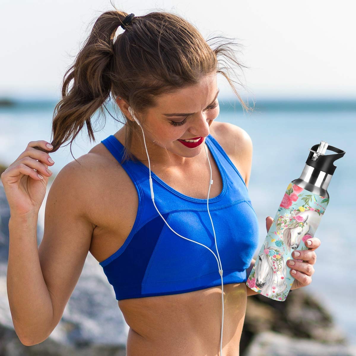 Premium Stainless Steel Vacuum Insulated Water Bottle with Wide Handle - 18oz/500ml Leakproof Standard Mouth Thermos for Hiking, Gym & Office - Flower Horse Design