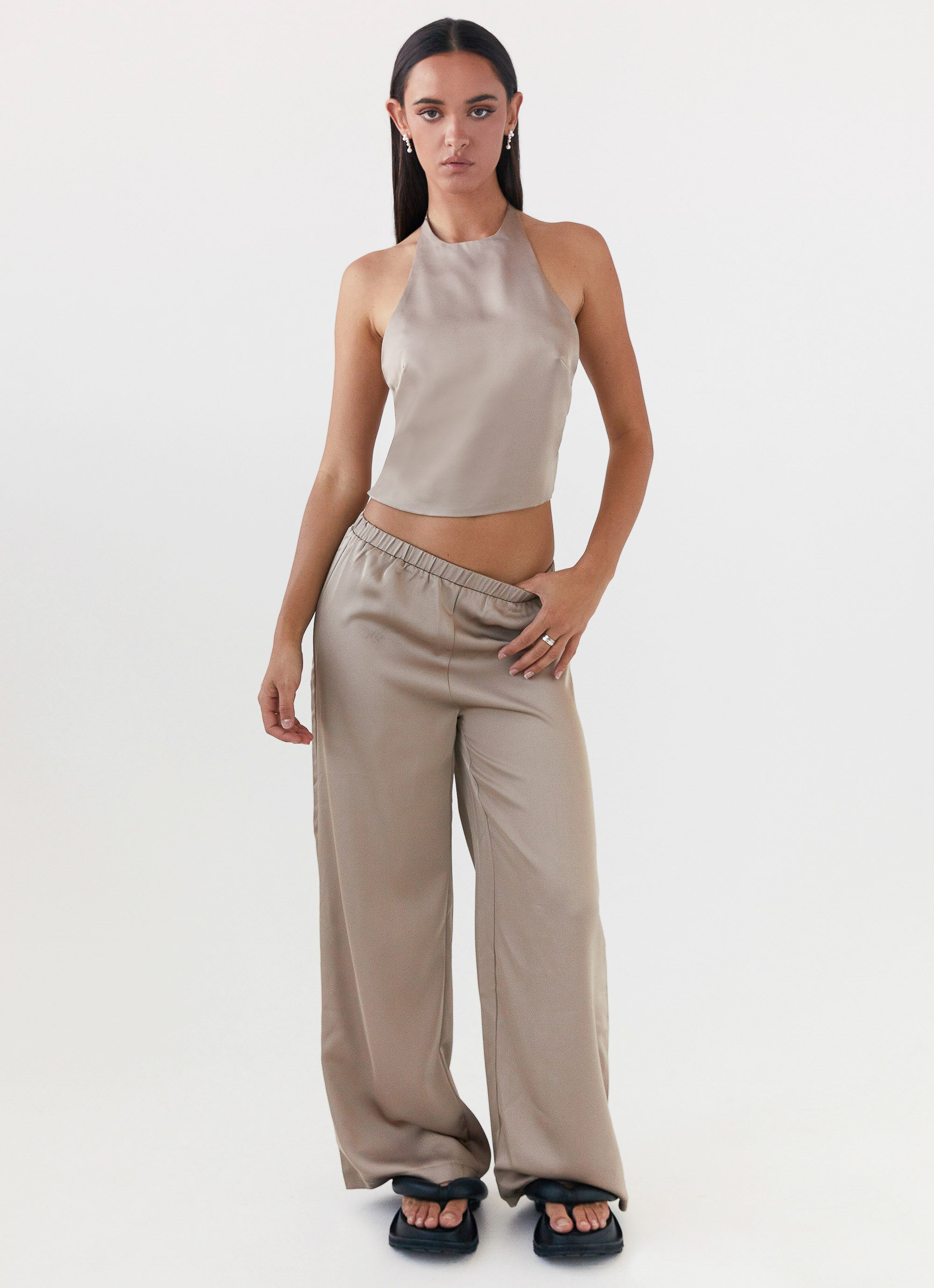 Bree Satin Halterneck Top for Women - Elegant Mushroom Color Sleeveless Blouse for Summer, Party & Date Night Outfits
