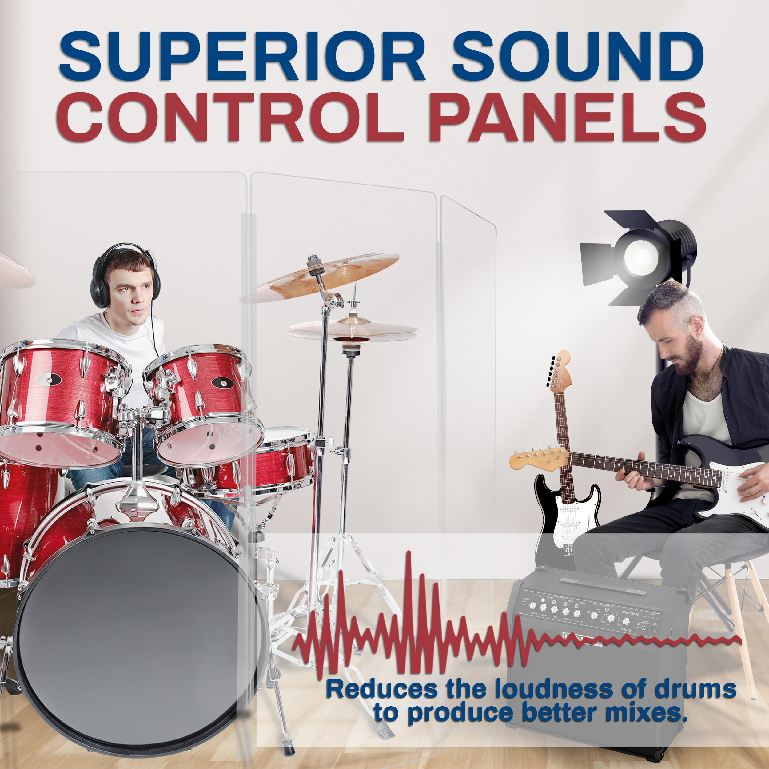 5ft Drum Shield with Plastic Hinges - 6 Premium Clear Acrylic Drum Panels & Screens for Noise Reduction - Perfect for Home Studios, Live Performances & Drum Practice Rooms