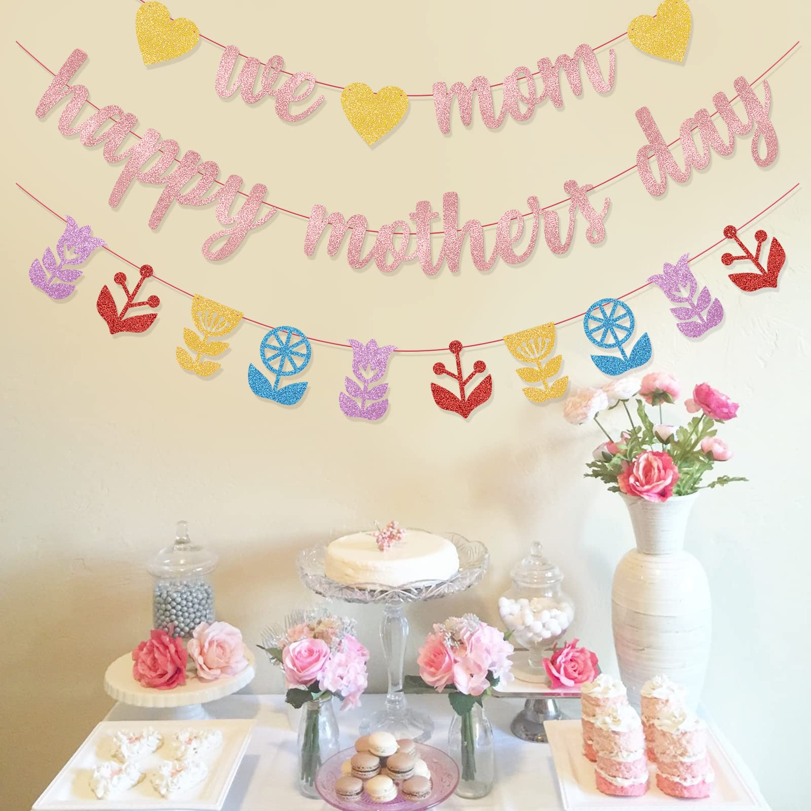 Rose Gold Happy Mother's Day Banner - Large We Love Mom Sign for Mother's Day Party Decorations, Home & Office Celebration Supplies - Perfect for Wall Decor, Photo Backdrops & Family Gatherings