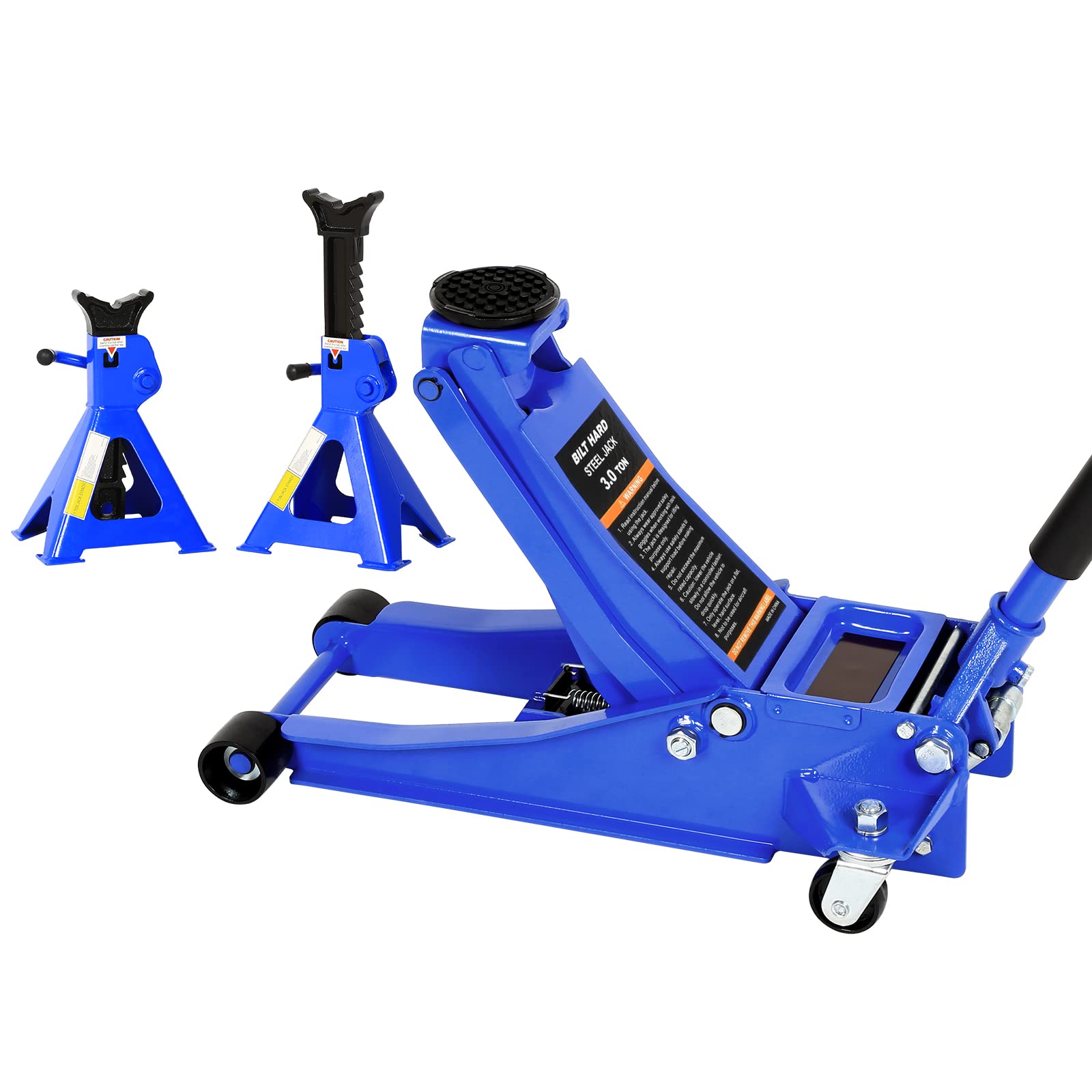 BILT HARD 3 Ton (6000 lb) Heavy Duty Low Profile Hydraulic Floor Jack and Stand Combo Set - Professional Car Lift for Auto Repair, Maintenance & Tire Changes - Includes 2 Sturdy Jack Stands (Model 0475)
