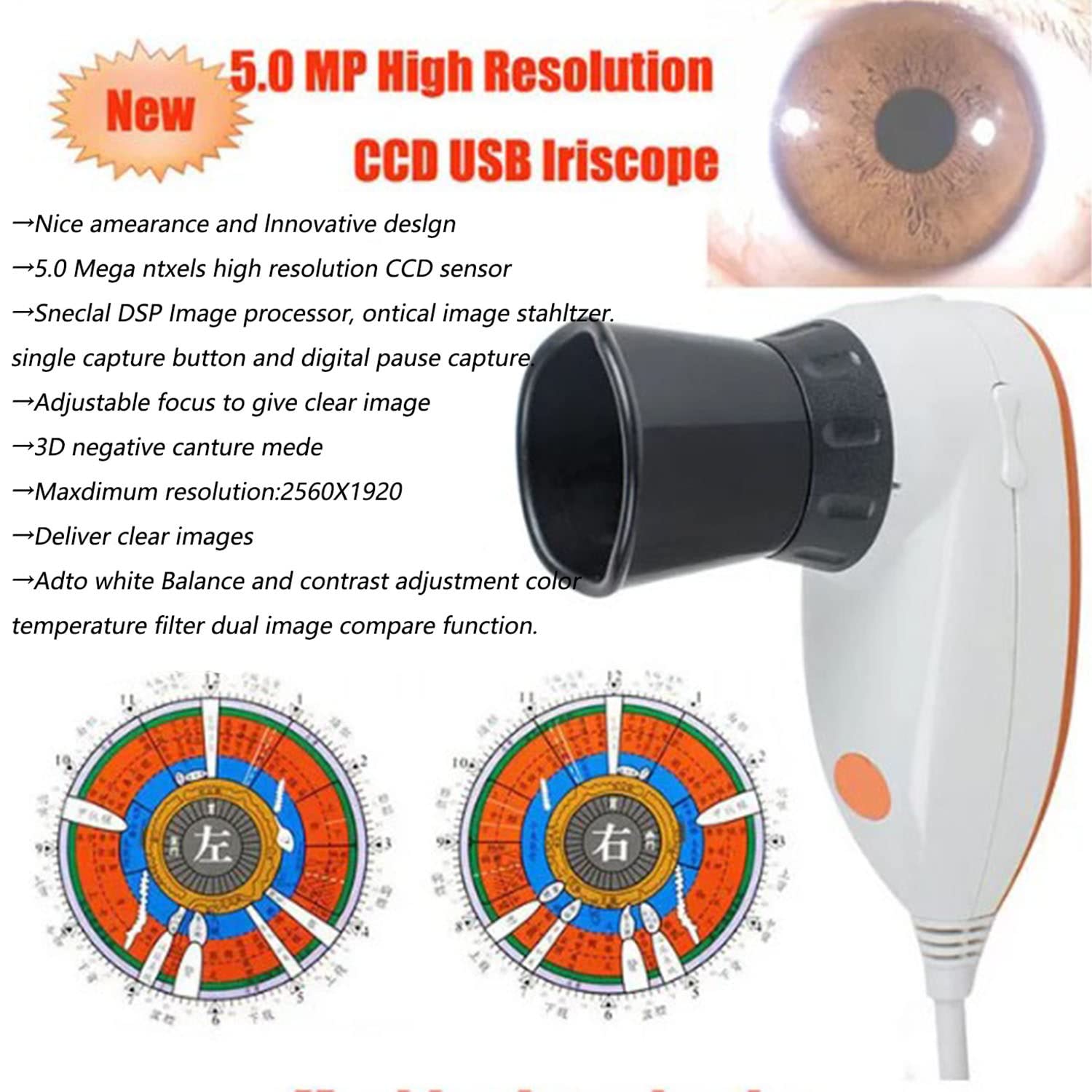 5.0MP USB Iridology Camera with Pro Iris Analysis Software - HD 30x Magnifying Lens for Eye Iris Examination | Perfect for Holistic Health Practitioners, Naturopaths & Iridologists