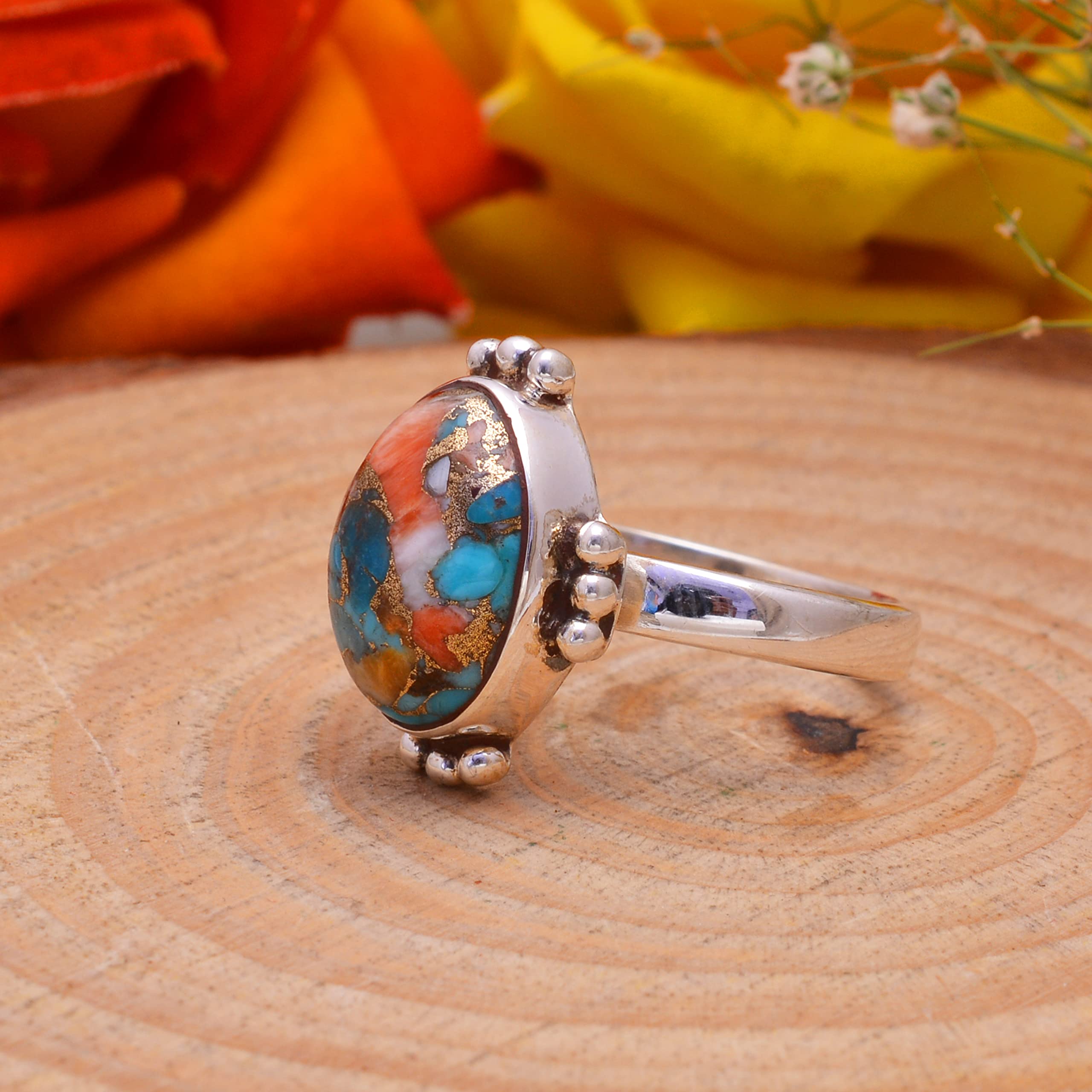 Veracity Jewelry 925 Sterling Silver Oyster Copper Turquoise Rings for Women - Kingman Mojave Mohave Spiny Oyster Healing Meditation Jewelry - Multi-Color Turquoise Ring (VSR-520) - Perfect for Boho Fashion, Spiritual Healing & Everyday Wear