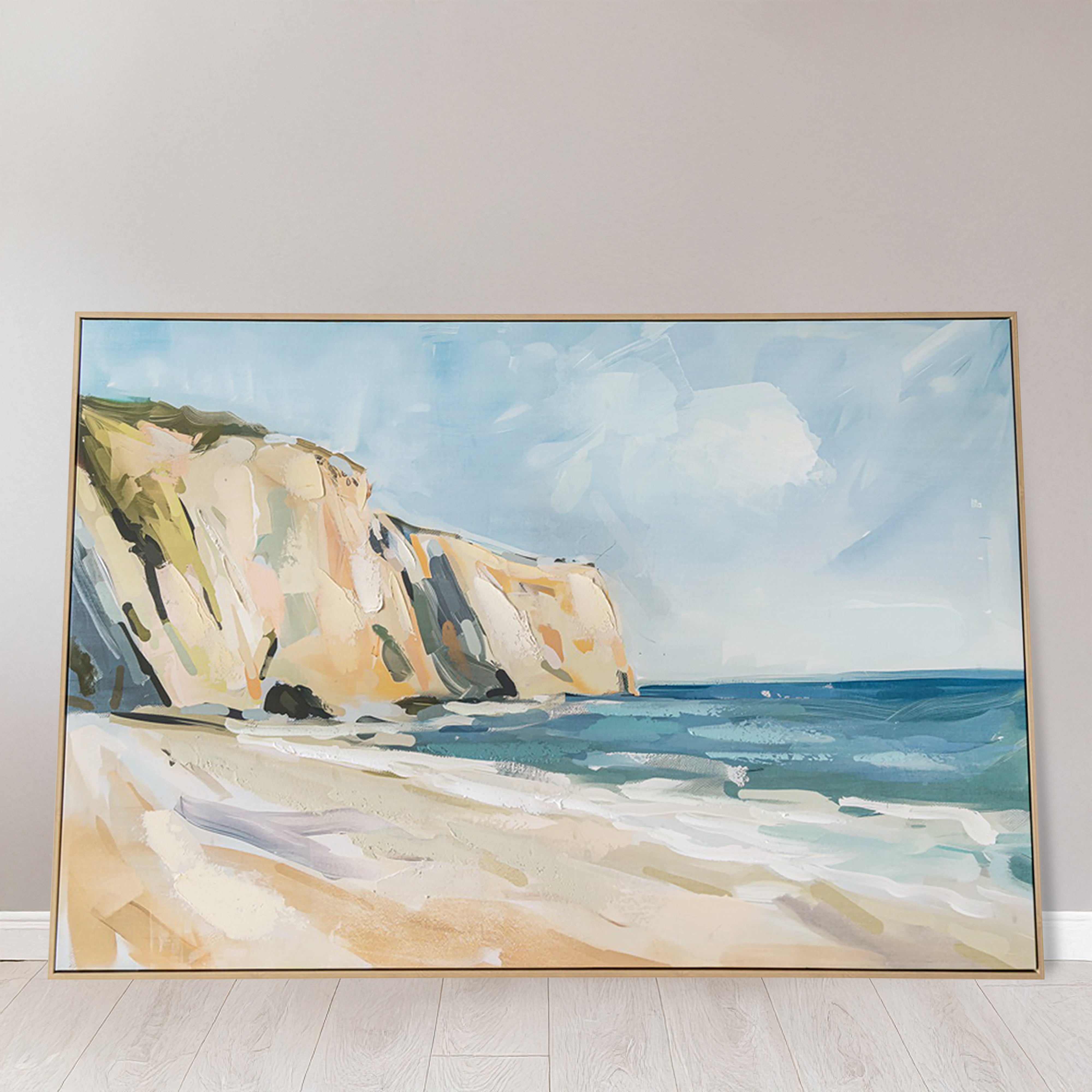 Urban Style Brushmarks Embellished Canvas Painted Shore Wall Art - Coastal Beach Decor for Living Room, Bedroom & Office