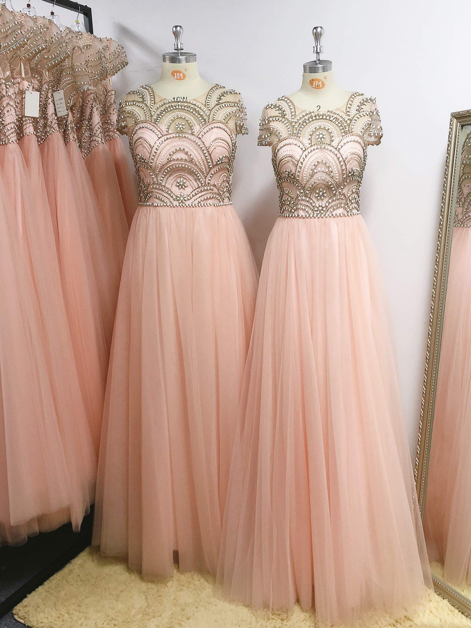 Elegant 2022 Prom Dresses for Women - Cap Sleeve Round Neck Beaded Tulle Evening Gown | Perfect for Formal Parties, Homecoming & Special Occasions