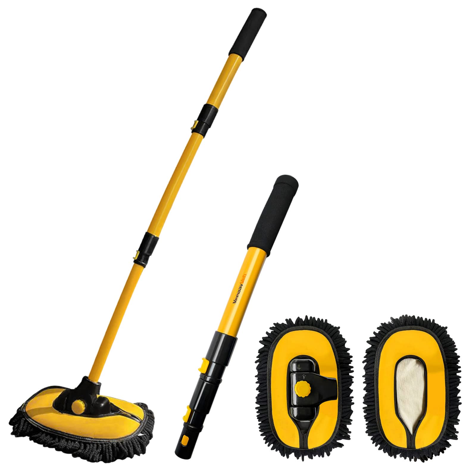 Premium Microfiber Car Wash Brush with Extendable 15° Curved Pole - Replaceable Chenille Brush Head for Gentle Cleaning - Ideal for RV, Truck, Camper & SUV Washing - Yellow Car Detailing Kit for Scratch-Free Shine