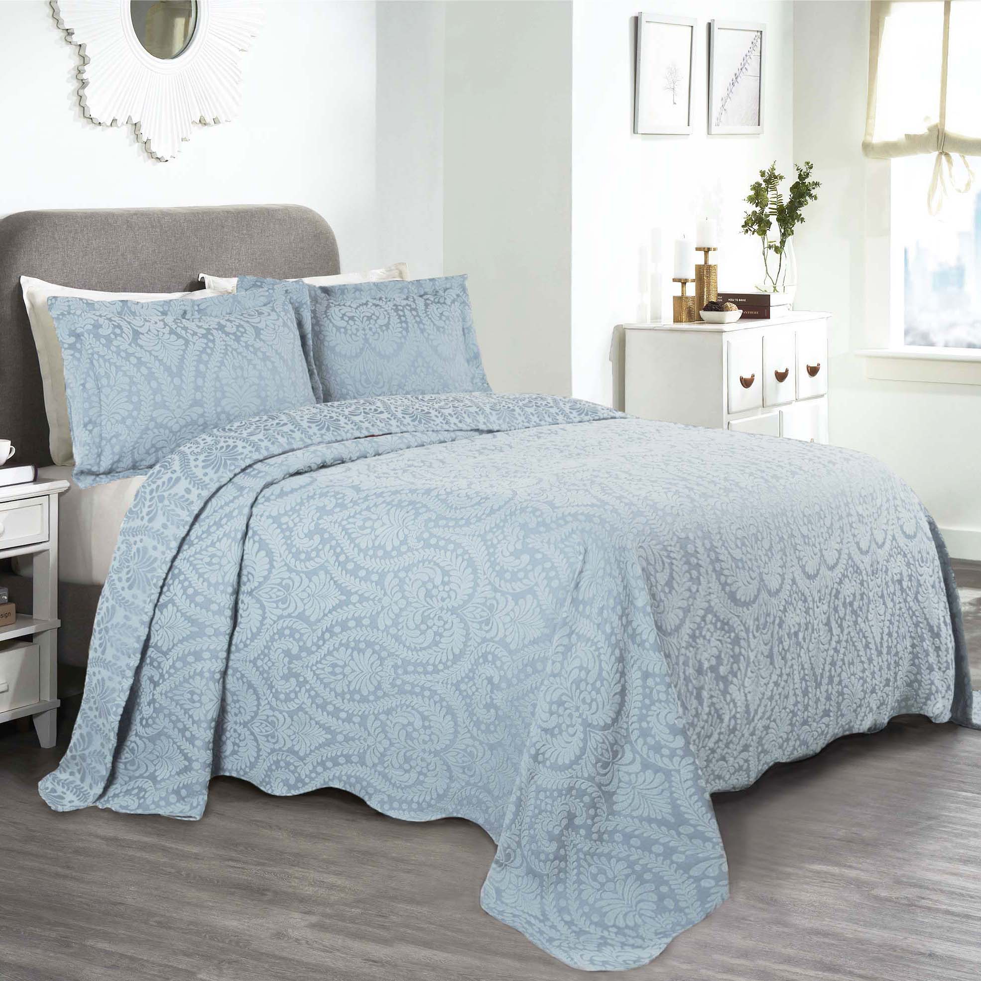 Aspen Cotton Blend Jacquard Woven Floral Bedspread Set with Scalloped Edges - Queen Size Luxury Bedding for Master Bedroom & Guest Room Decor