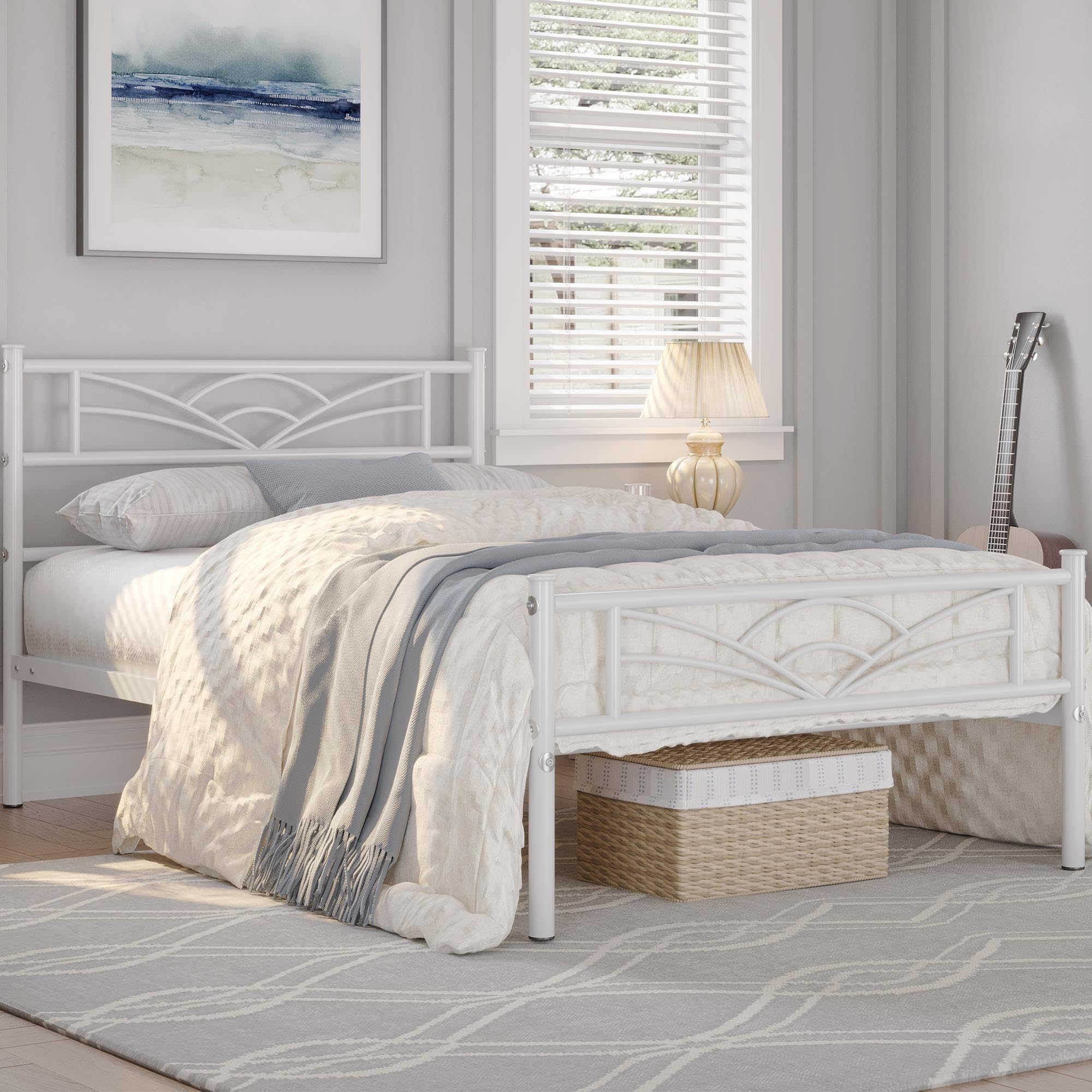 Yaheetech 3ft Single Metal Bed Frame with Slatted Base & Cloud-Design Headboard, Sturdy White Platform Bed with Underbed Storage - Perfect for Small Bedrooms, Guest Rooms & Dormitories
