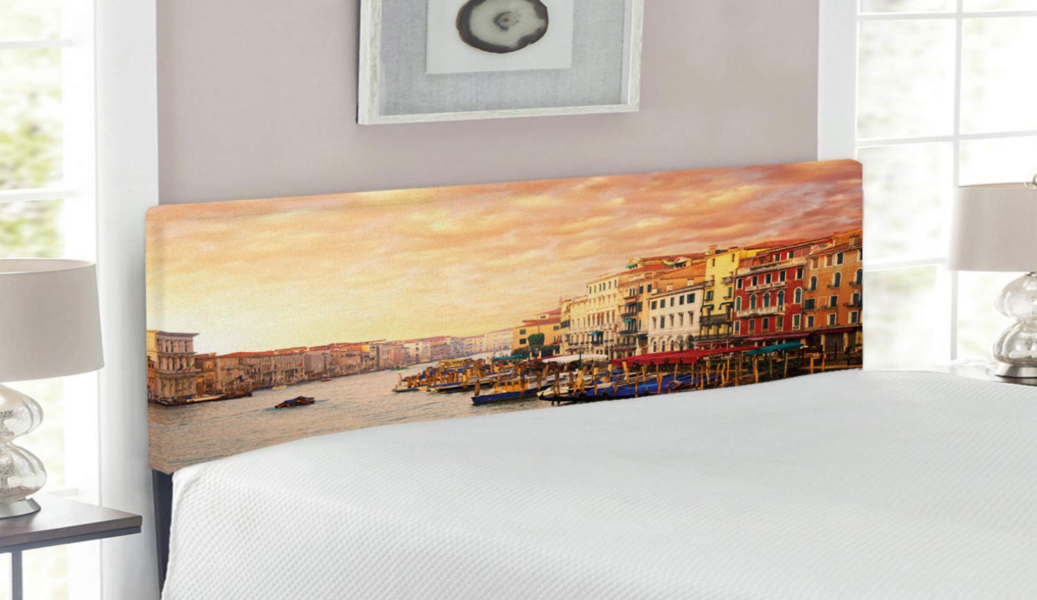 Ambesonne Scenery Headboard - Venice Italy Landscape with Gondolas & Historic Houses, Upholstered Metal Bed Headboard with Memory Foam, Queen Size, Multicolor - Perfect for Bedroom Decor & Coastal Theme Interiors