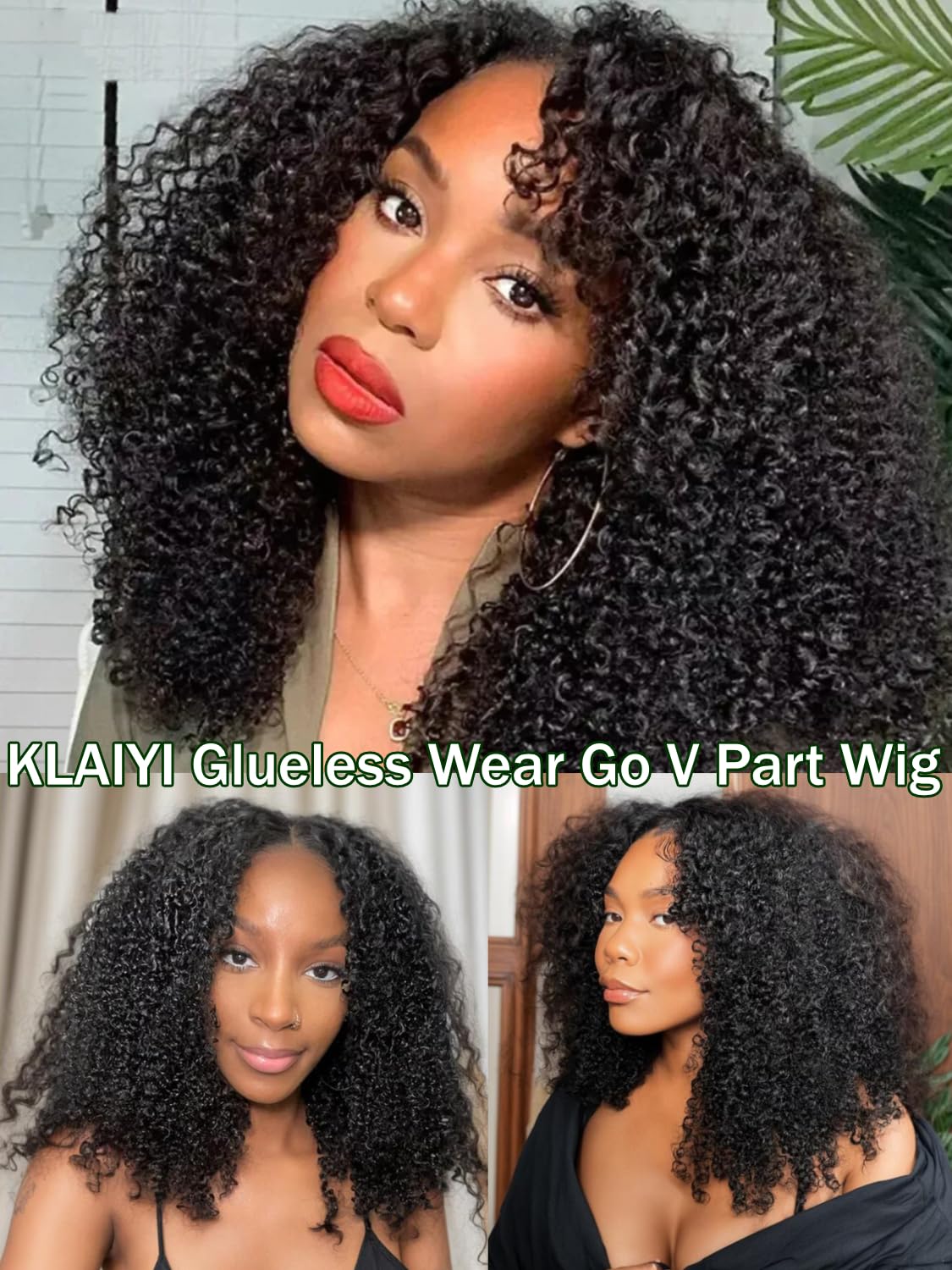 KLAIYI 4C Kinky Curly V Part Human Hair Wig | Glueless No Leave Out U Part Wig | Afro Curly Clip-in Half Wig | 150% Density 22 Inch Natural Black | Beginner Friendly | Perfect for Daily Wear, Special Occasions & Protective Styling