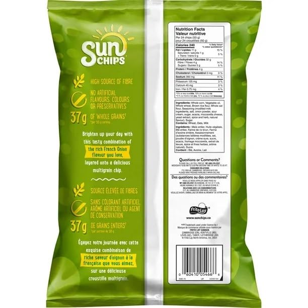 Sun Chips French Onion Flavor Multigrain Snacks - 3 Pack (205g/7.2oz Each) | Healthy Baked Whole Grain Chips | Perfect for Parties, Picnics & On-the-Go Snacking | Shipped from Canada