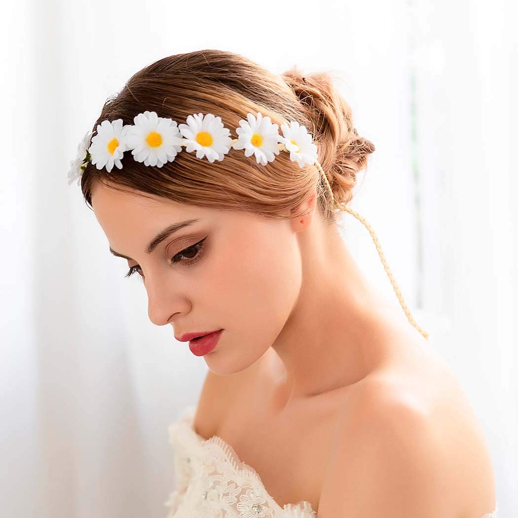 GRAEEN Sunflower Headband for Women - Yellow Floral Hair Wreath, Festival Hair Accessory, Bohemian Headpiece (White) | Perfect for Music Festivals, Weddings, Summer Parties & Photo Shoots