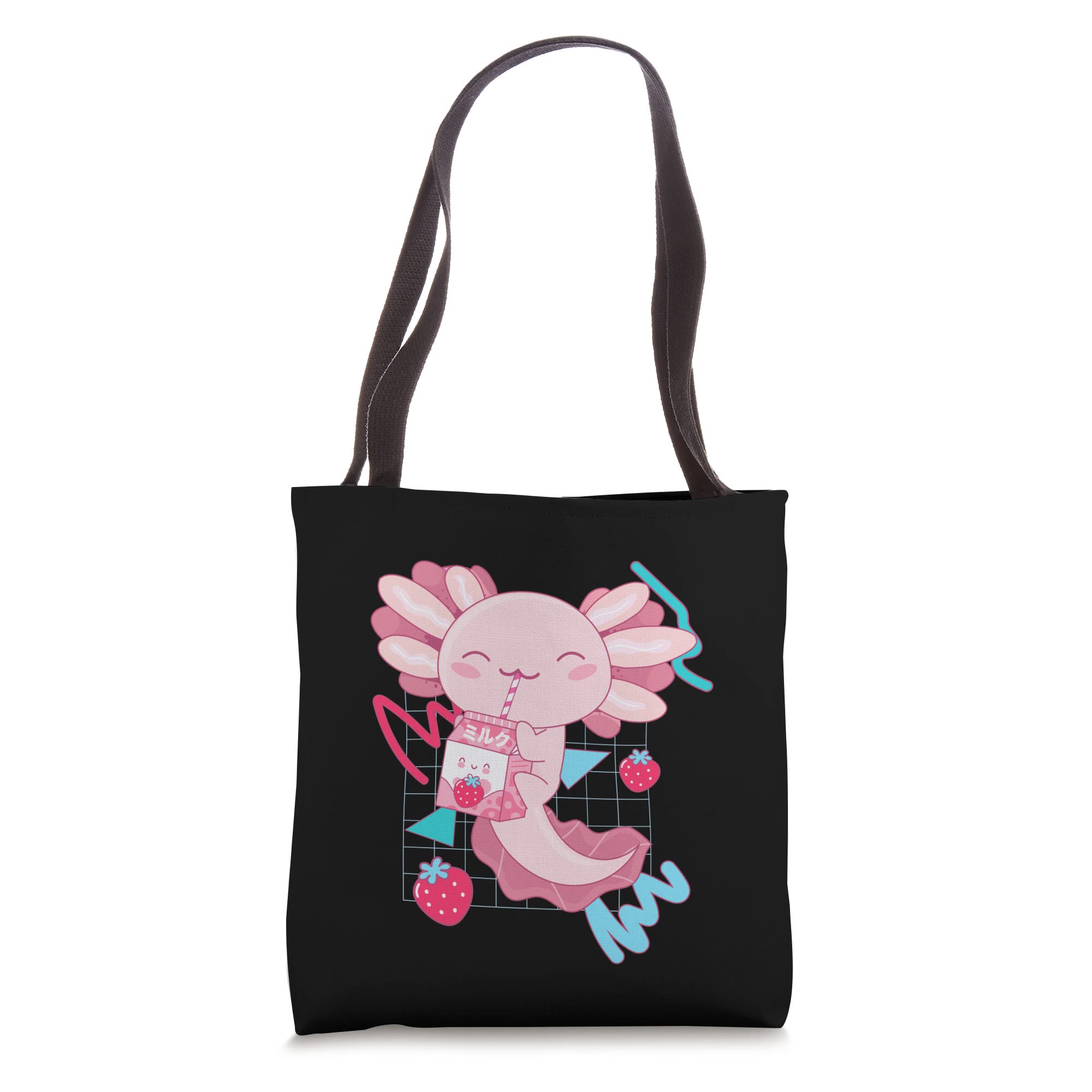 Cute Axolotl Strawberry Milk Shake Cartoon Retro 90s Anime Tote Bag - Perfect for School, Shopping & Anime Conventions