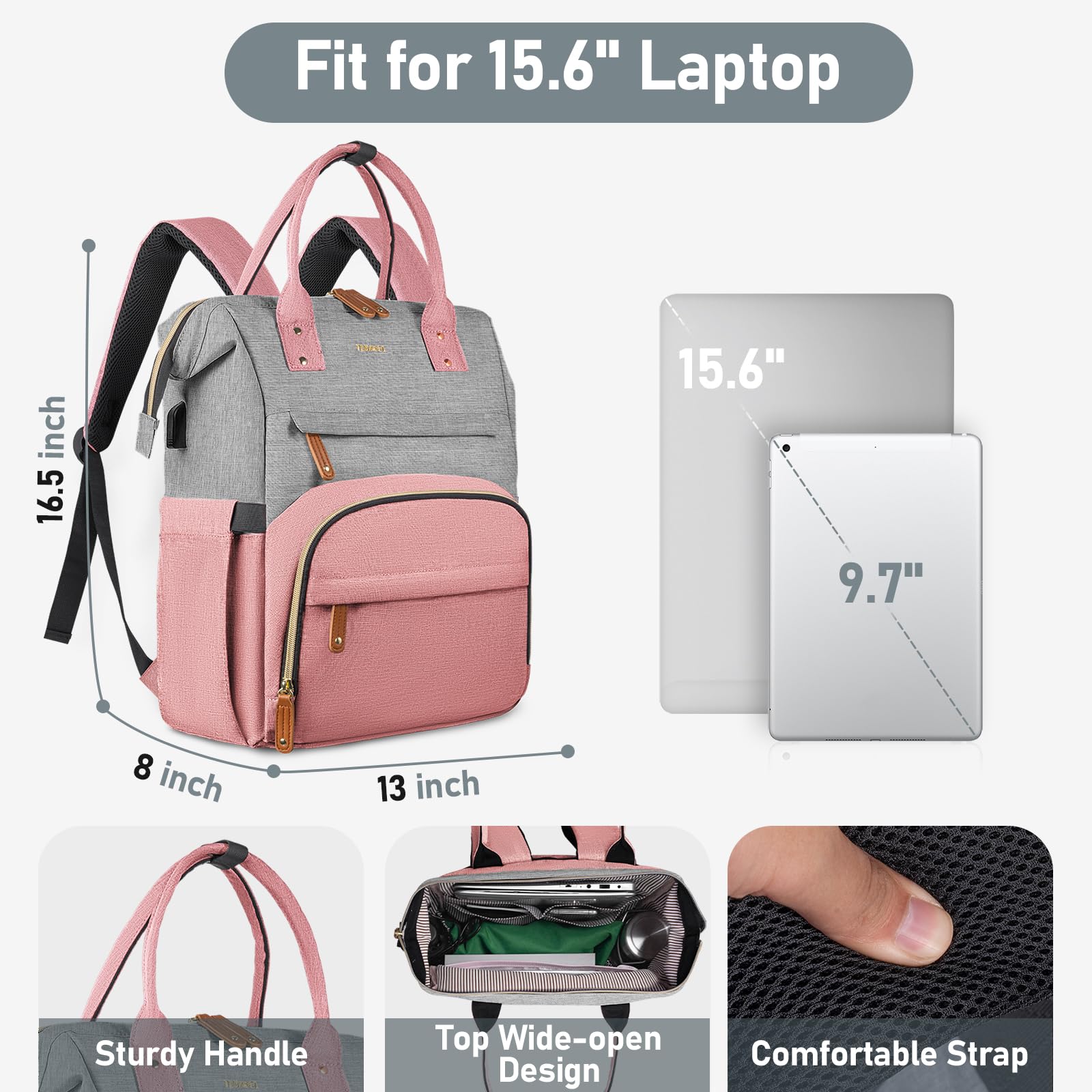 Anti-Theft Travel Laptop Backpack for Women - 15.6 Inch USB Charging Port Water-Resistant College Business Backpack - Perfect for Work, School, Commuting & Airplane Carry-On