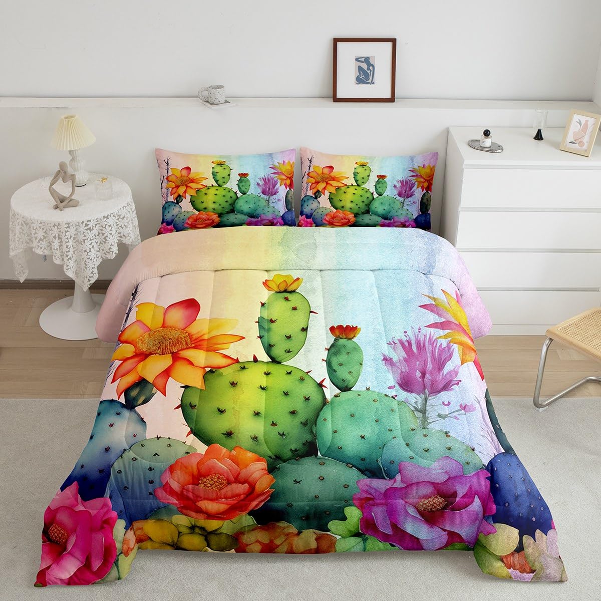 Erosebridal Cactus Duvet Cover Set - Watercolor Tropical Desert Plant Comforter Set Full/Queen Size, Tie-Dye Bedding for Bedroom & Living Room Decor - Red Floral Rainbow Iridescent Colorful Duvet Cover | Perfect for Bohemian, Eclectic & Modern Home Decor