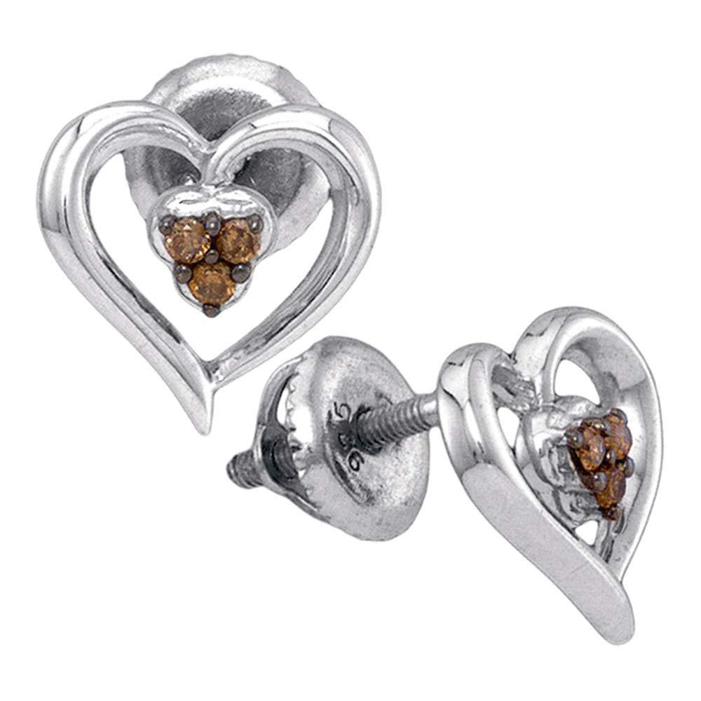 Silver Women's Chocolate Brown Diamond 3 Stone Heart Earrings 1/20 CTW - Elegant Jewelry Gift for Valentine's Day, Anniversary & Special Occasions