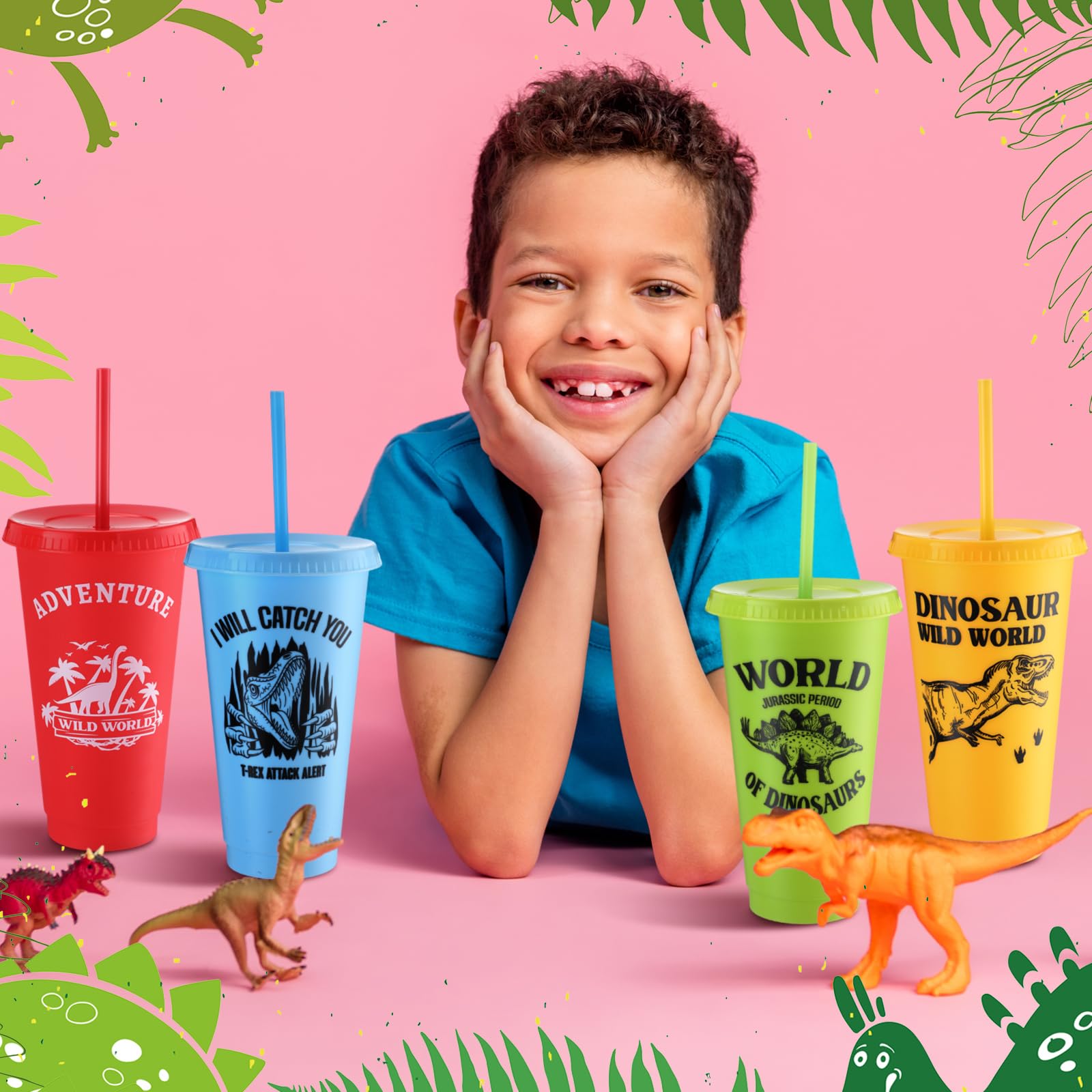 Dinosaur Party Cups Set - 12 Pack 24oz Reusable Plastic Cups with Lids & Straws for Kids, Dino Themed Birthday Party Supplies, Beverage Drinkware - Colorful (Perfect for Birthday Parties, Baby Showers & Jurassic Theme Events)