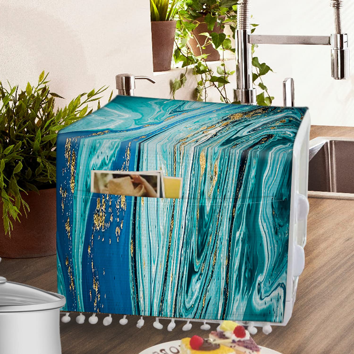 Microwave Oven Cover - Dust & Oil Proof Linen Protector with Side Pockets (11.8x35.4 inches) - Blue Gilt Marble Pattern for Kitchen Appliances - Perfect for Microwave, Toaster Oven & Countertop Protection