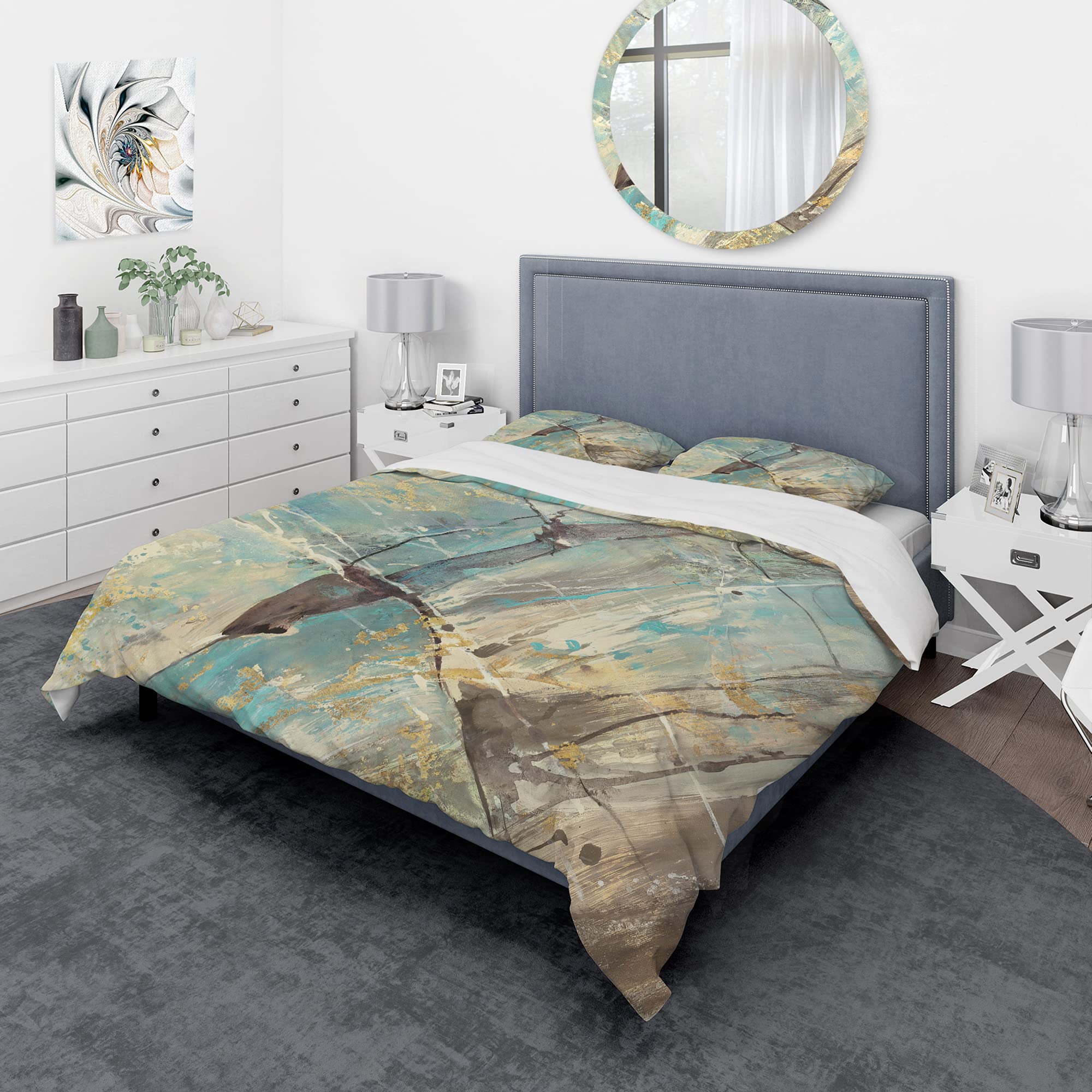 DesignQ Blue, Cream & Brown Nautical Coastal Duvet Cover Set King Size - 3 Piece Abstract Bedding Collection for All Seasons | Perfect for Beach House, Master Bedroom or Coastal-Themed Decor