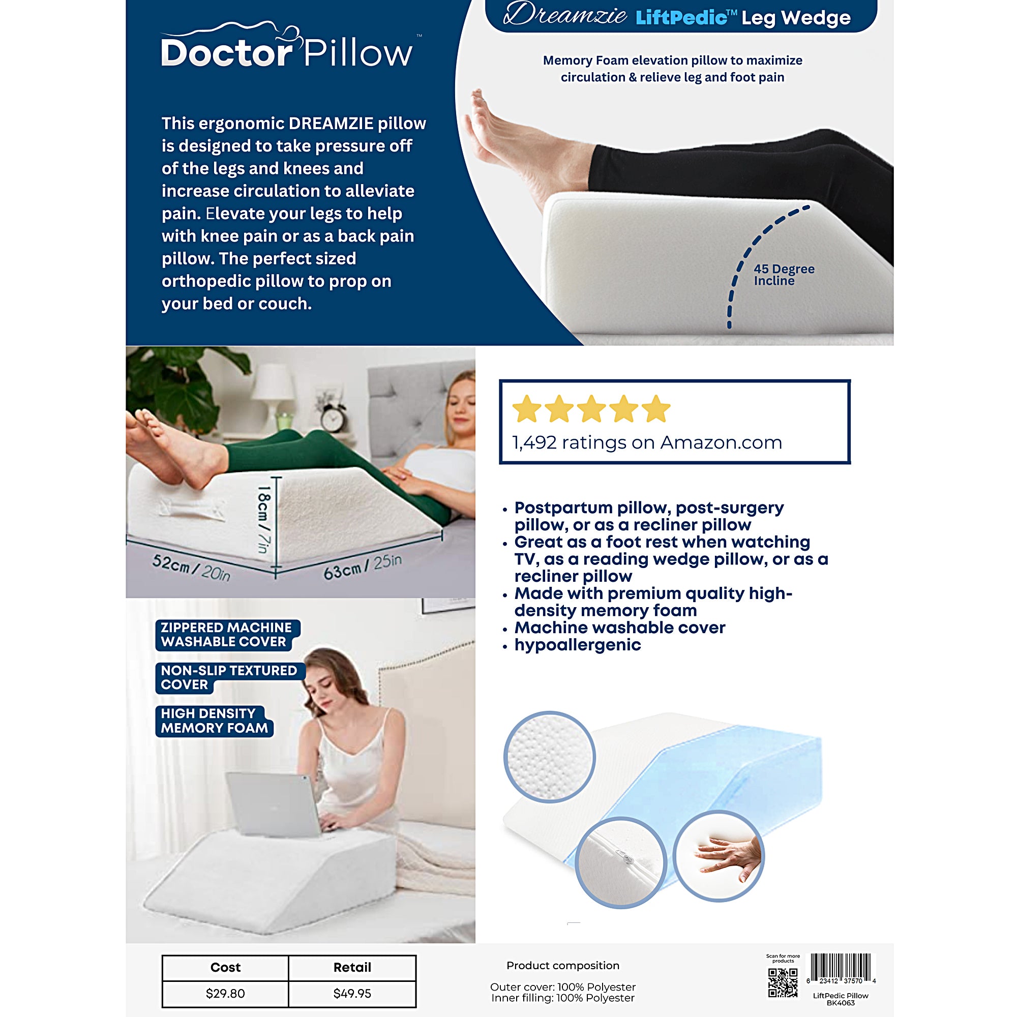 LiftPedic Leg Wedge Pillow for Sleeping - Orthopedic Knee Support Cushion for Back Pain Relief, Sciatica, Circulation - Comfortable & Adjustable Bed Wedge for Side Sleepers, Post-Surgery Recovery & Relaxation