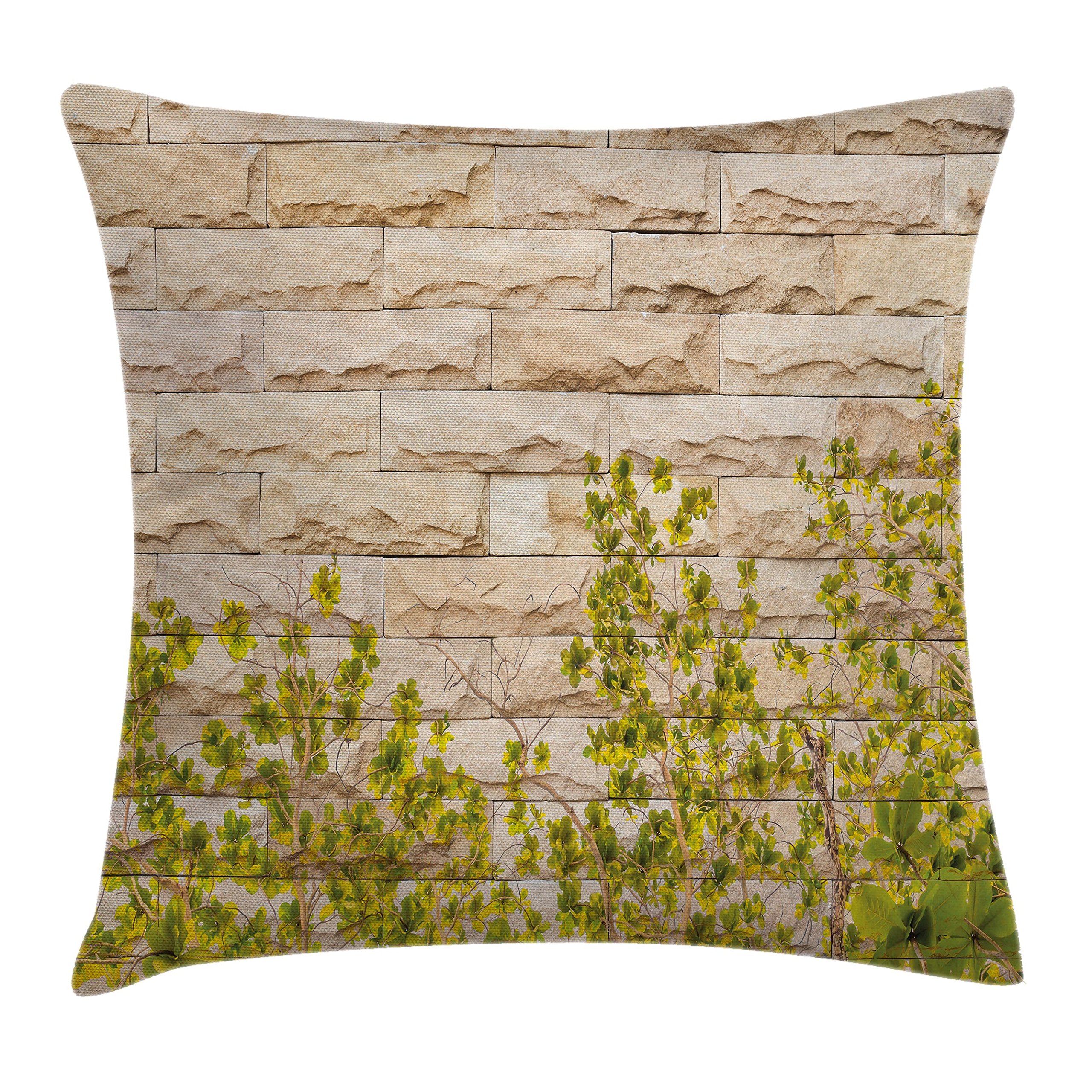 Ambesonne Green White Brick Wall Throw Pillow Cover 28x28 Inch - Nature Inspired Ivy Leaf Design, Decorative Square Cushion Case for Sofa, Bed, Living Room - Perfect Home Decor Accent for Modern & Rustic Interiors