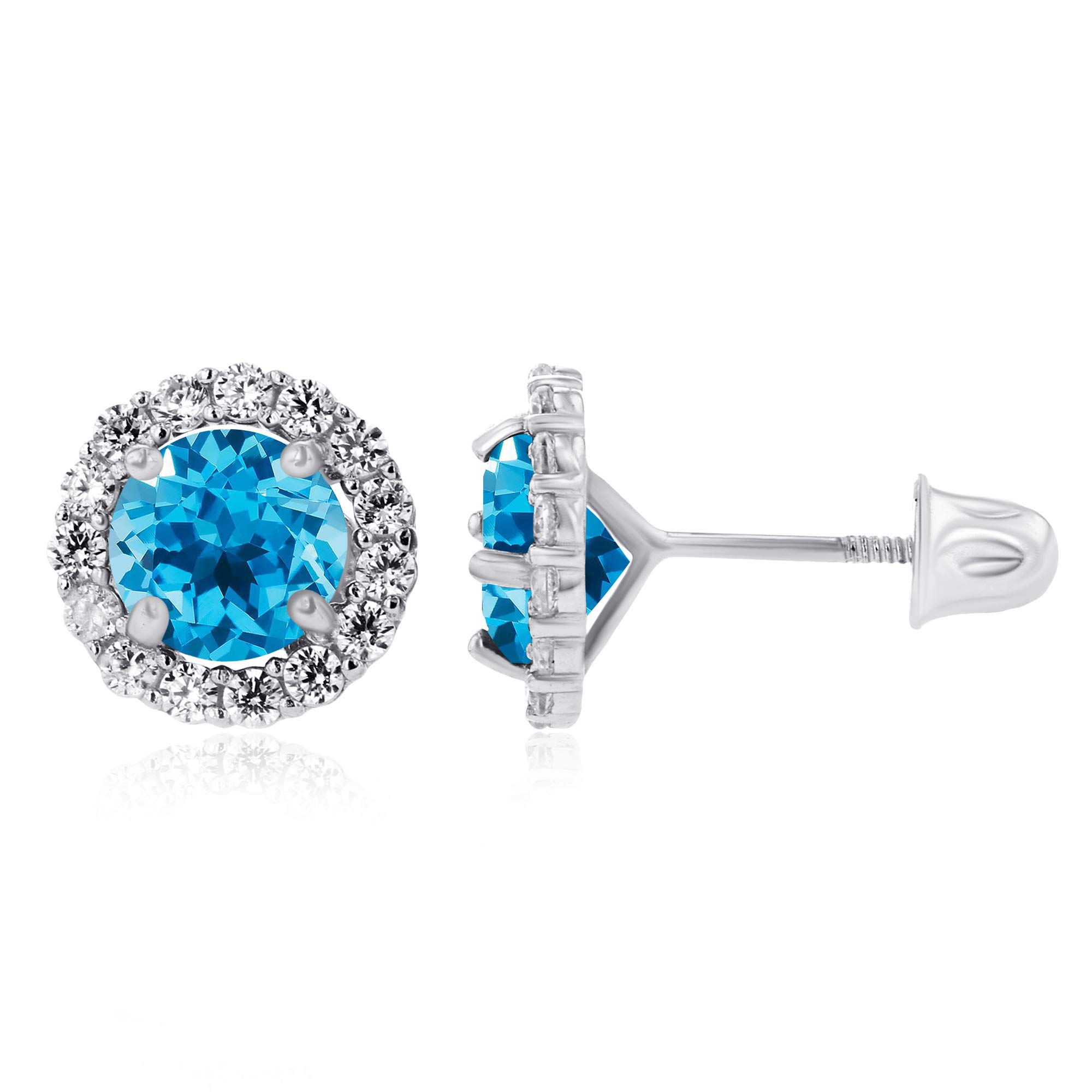 14K Solid Gold 8mm Halo Natural Birthstone Screwback Stud Earrings for Women | 4mm Round Birthstone | 1.25mm Created White Sapphire Earrings | Perfect for Birthdays, Anniversaries & Everyday Elegance