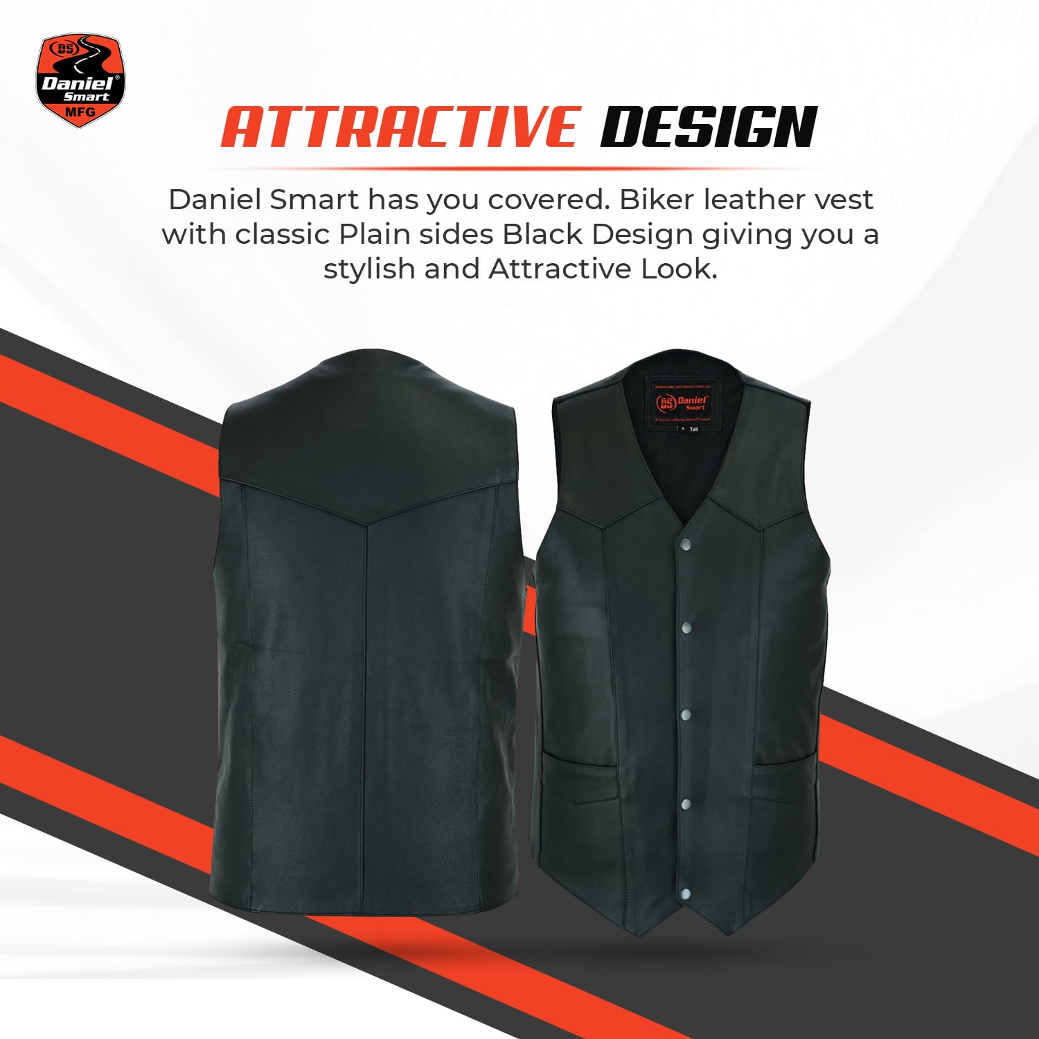 Daniel Smart Men's Genuine Leather Motorcycle Vest - Unique Biker Jacket with 2 Front & Inside Pockets for Riding, Casual Wear & Outdoor Adventures