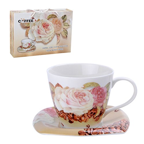 Premium Bone China Porcelain Teacup and Coffee Cup Set with Saucers - 6 Piece White Rose Floral Design for Afternoon Tea, Bridal Shower, and Elegant Home Decor