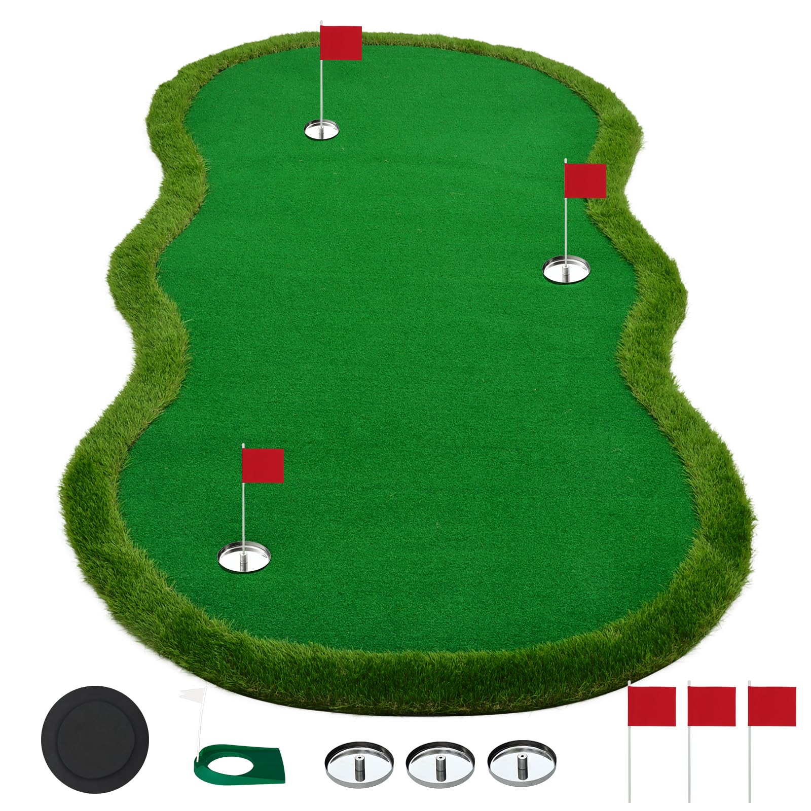 Premium Indoor/Outdoor Golf Putting Green Mat - 3 Holes with Challenge Cup & Flags - Practice Slope for Home Golf Simulators - Perfect for Backyard Training & Office Putting Practice