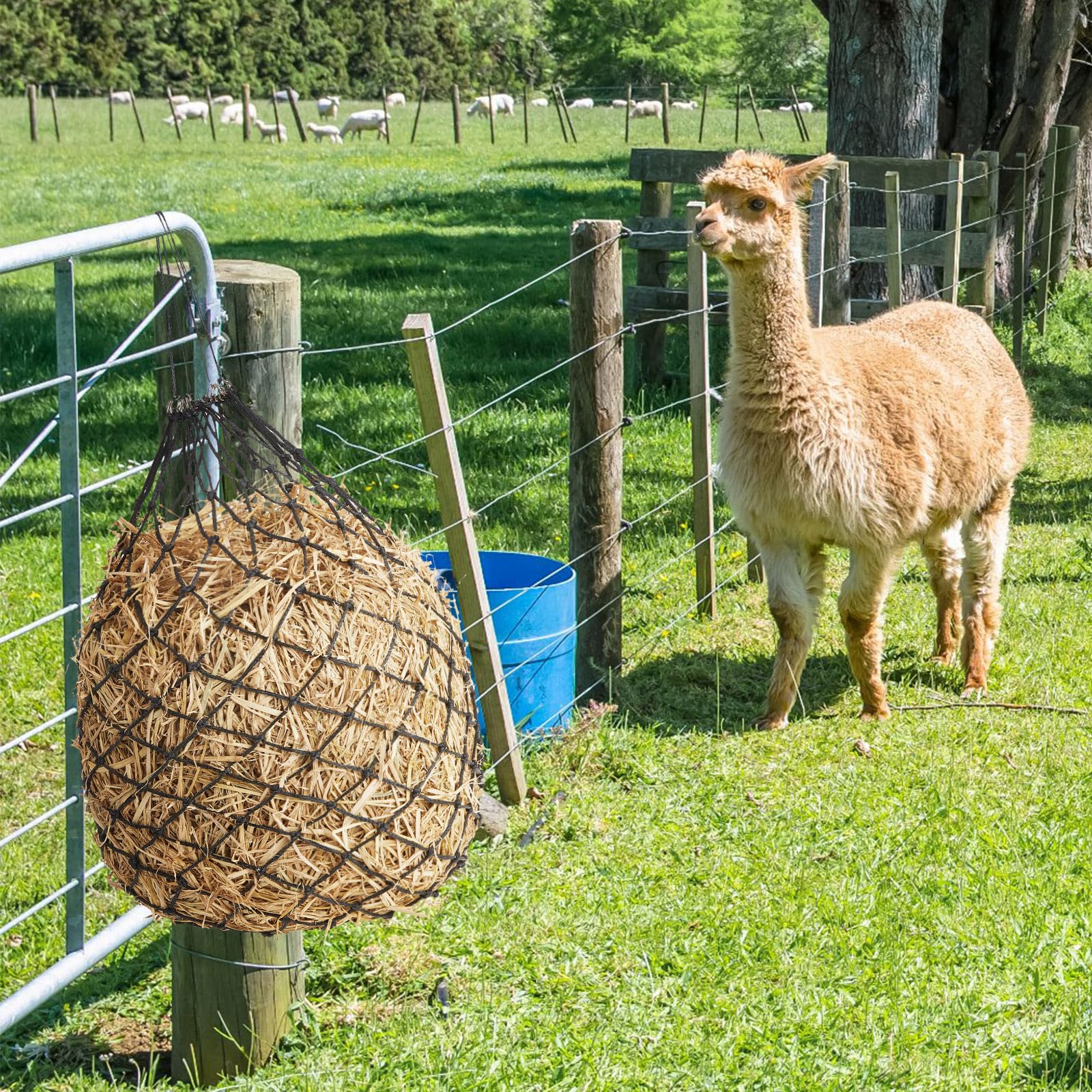 Fabbay 4-Pack Adjustable Slow Feed Hay Nets for Horses - 40 Inch Length with 2 Inch Holes & Rings - Durable Horse Feeding Supplies for Barn, Paddock, Stable - Perfect for Goats, Cattle & Livestock - Reduce Waste & Promote Healthy Eating Habits