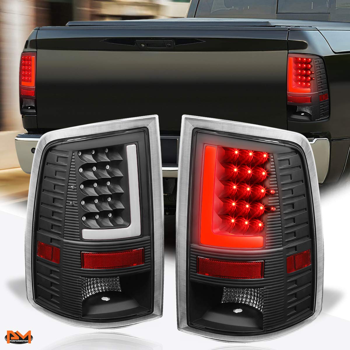 PM PERFORMOTOR 3D LED L-Bar Tail Lights Brake Lamps Assembly - Compatible with 2009-2017 Dodge Ram 1500/2500/3500 - Black Housing & Clear Lens - High Visibility LED Lighting for Night Driving & Enhanced Safety