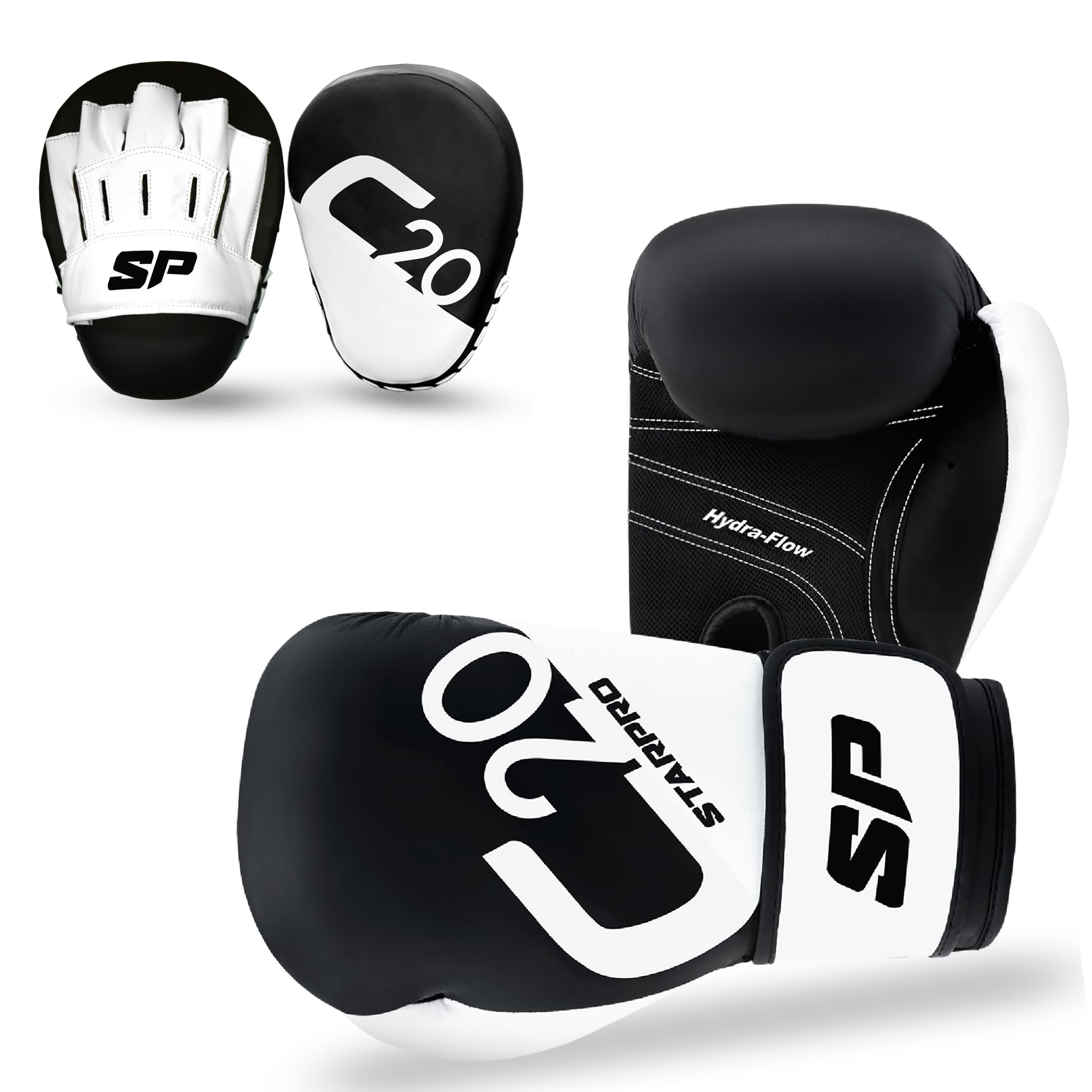Starpro C20 Black Boxing Gloves & Mitts - 16oz Professional Training Gloves for Men & Women - Heavy Bag, MMA, Kickboxing, Sparring & Fitness Workouts - Durable Leather for Strong Punches - Multiple Sizes Available