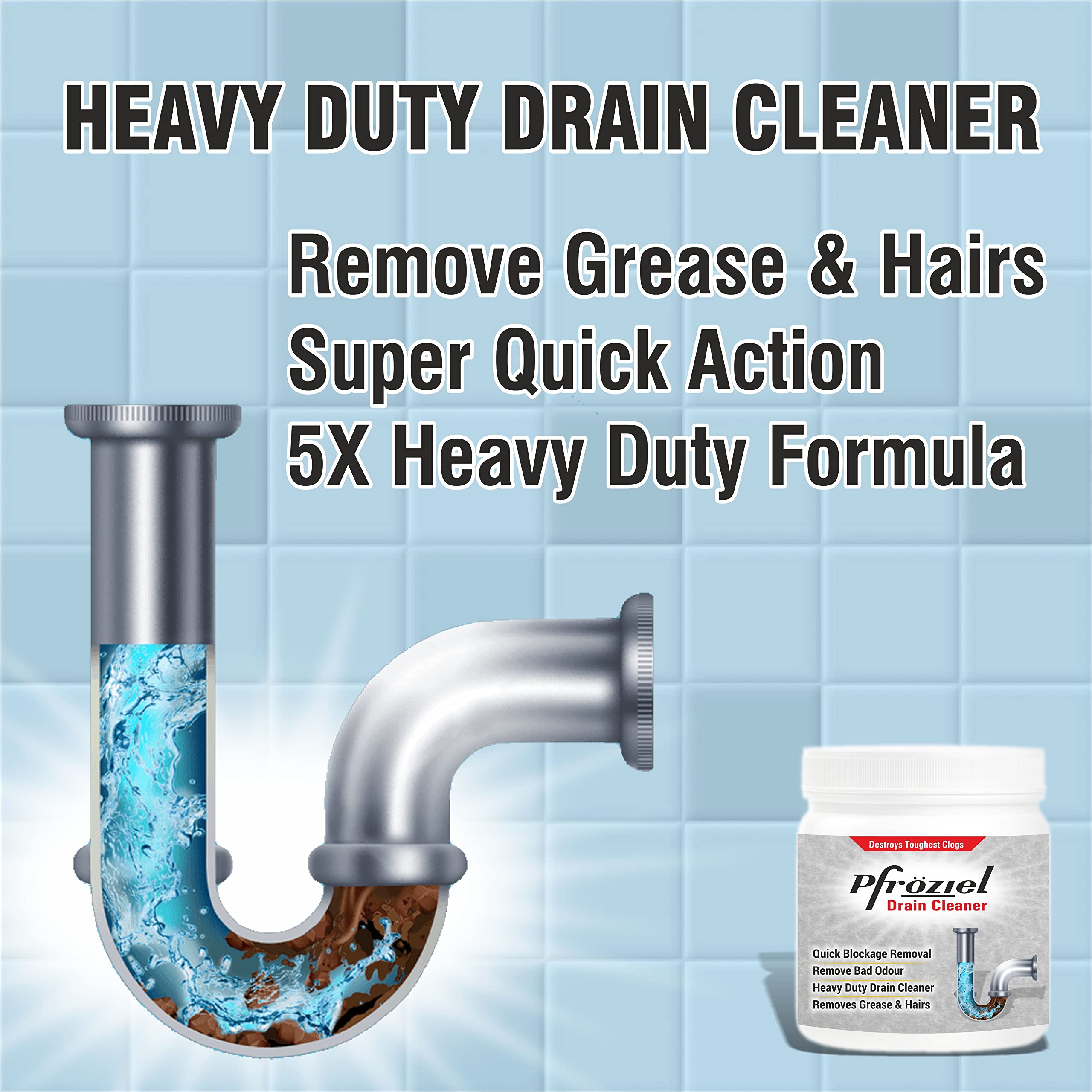 Pfroziel Heavy Duty Drain Cleaner Powder (450g) - Instant Clog Remover for Sink, Shower & Bathtub Pipes - Fast Unclogging Solution for Kitchen & Bathroom Drains