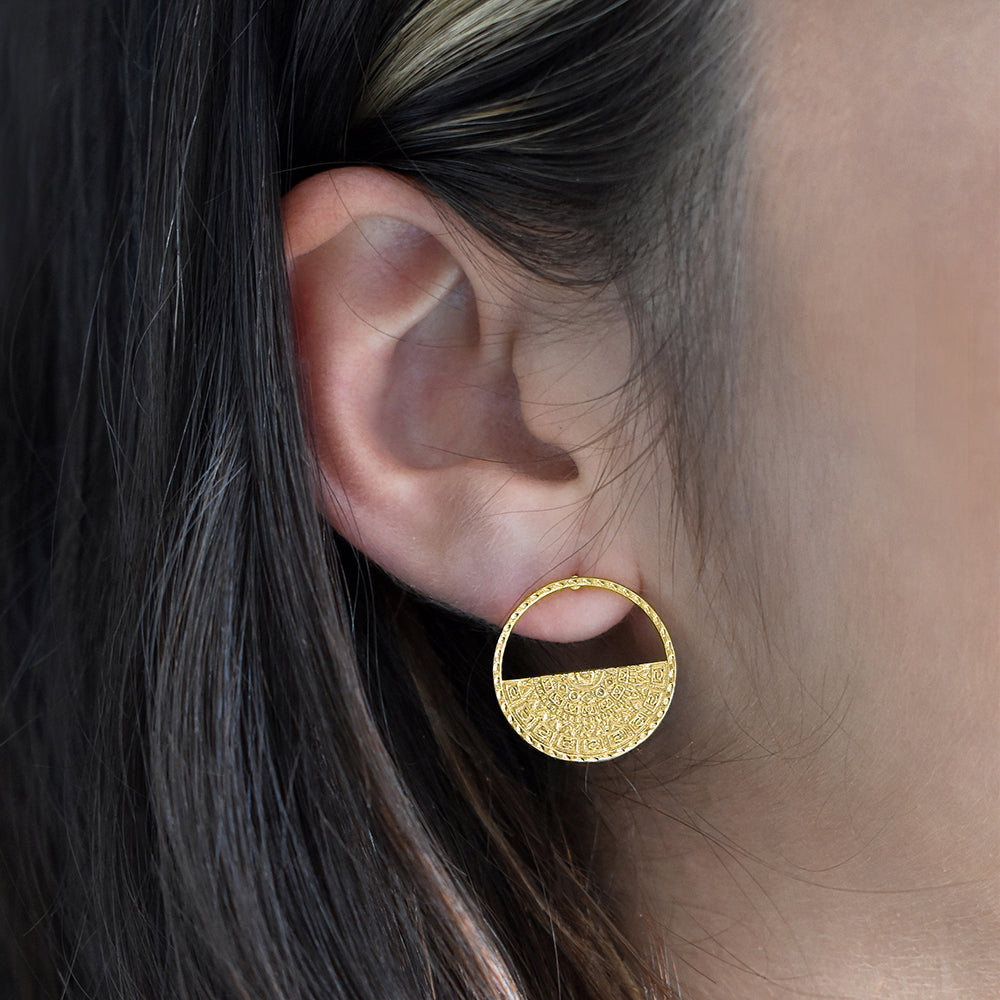 Stylish Medallion Half Circle Stud Earrings for Women - Trendy Gold & Silver Fashion Jewelry - Perfect for Parties, Weddings & Everyday Wear