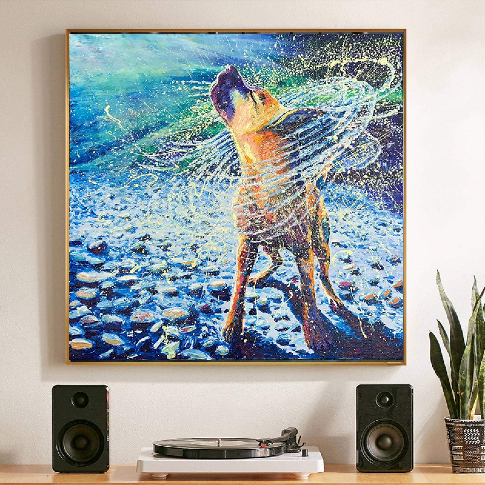 Abstract Dog Shake Off Rain Canvas Painting - Framed Animal Art Wall Decor for Living Room & Kids Room | Modern Home & Office Wall Art Prints