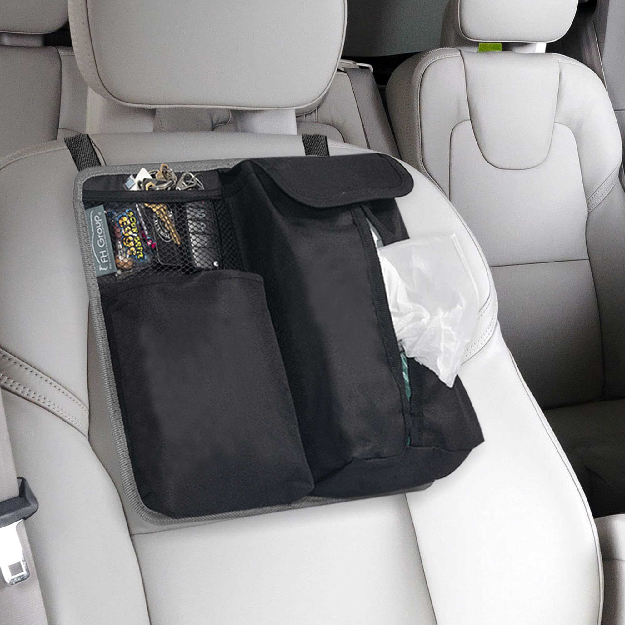 FH Group Hanging Car Organizer with Tissue Holder - Gray Back Seat Storage for Toys, Baby Wipes & Snacks | E-Z Travel Organizer for Kids & Family | Perfect for Road Trips, Daily Commutes & Family Outings