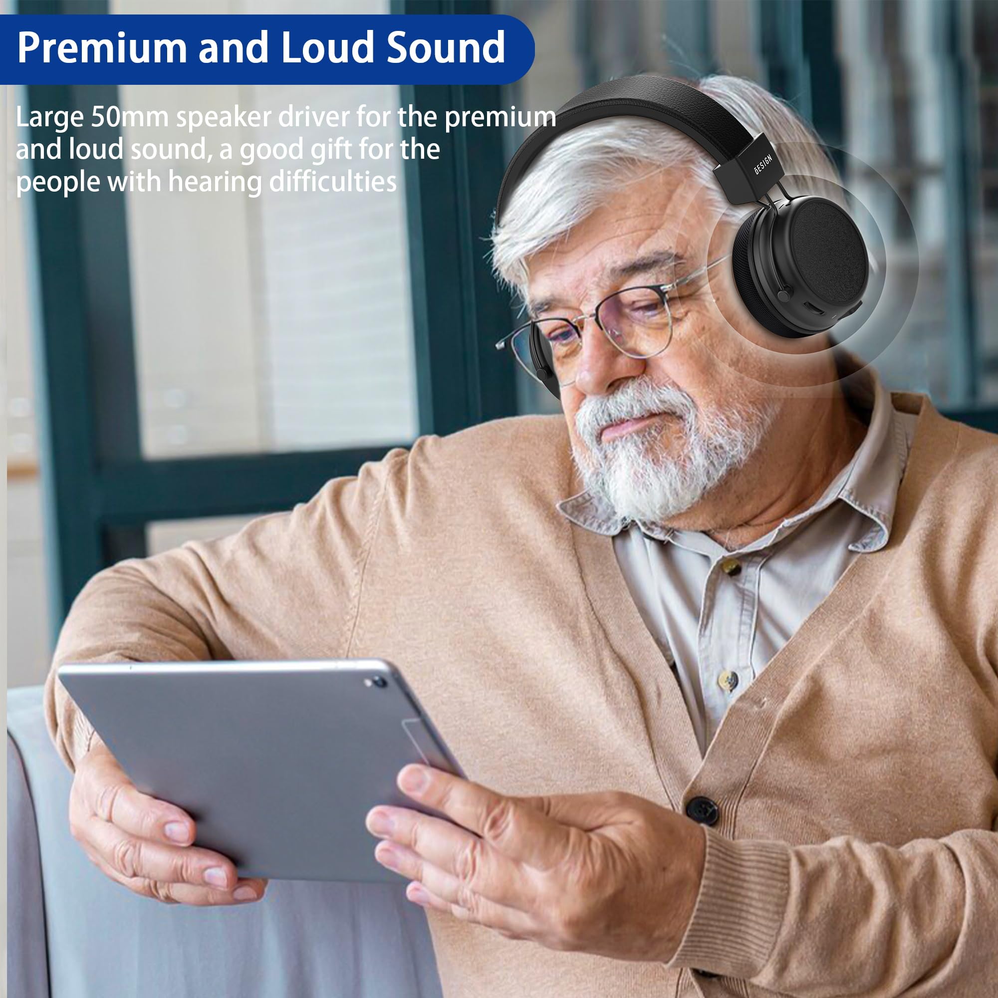 BESIGN BTH02 Wireless Bluetooth Headphones for TV Watching - 100ft Range, No Audio Delay, with Charging Dock - Ideal for Seniors & Home Entertainment