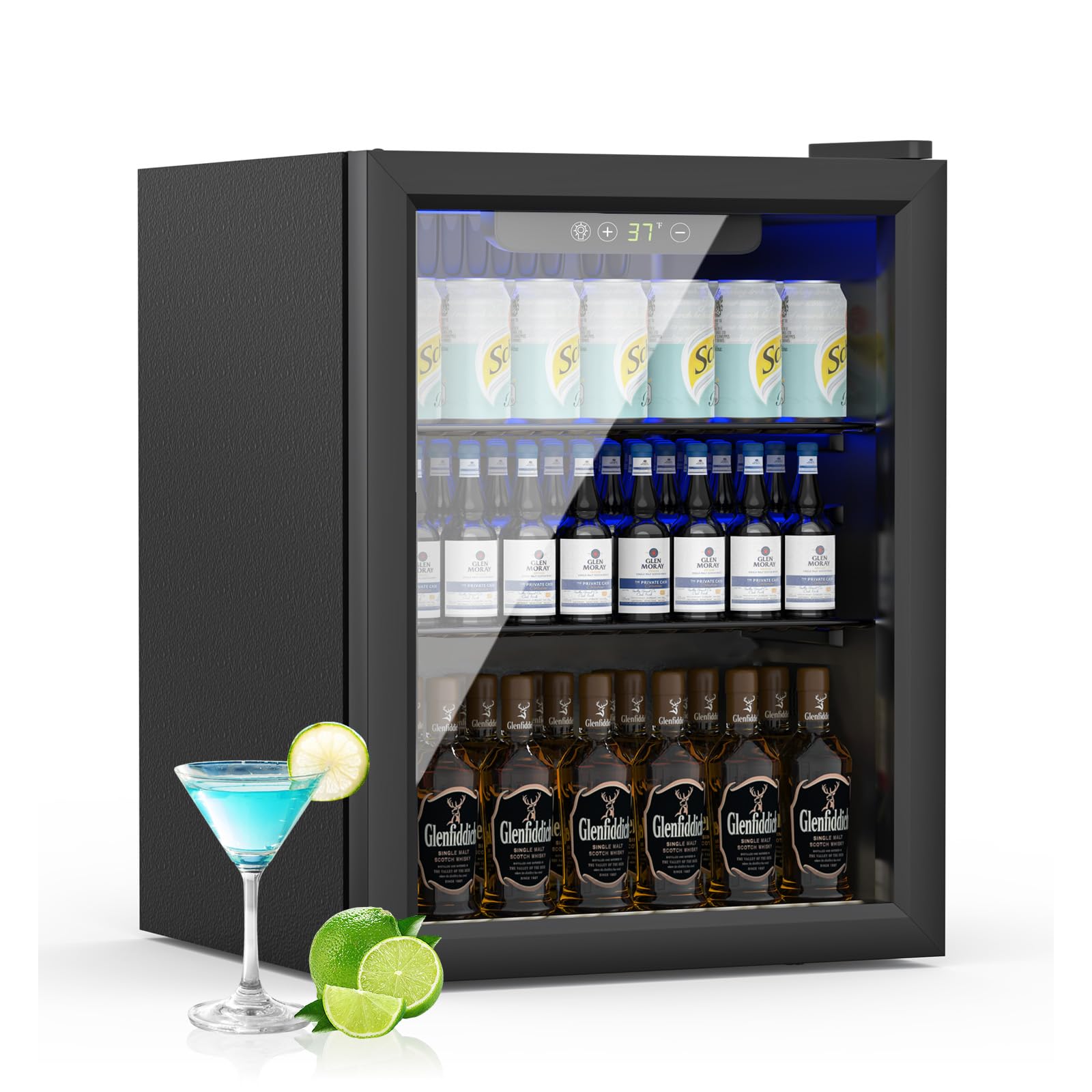 1.7 Cu.ft Beverage Refrigerator Cooler - 72 Can Mini Fridge with Glass Door & Adjustable Temperature Control for Soda, Beer, Wine - Perfect for Office, Bar, Home or Party Use with Removable Shelves