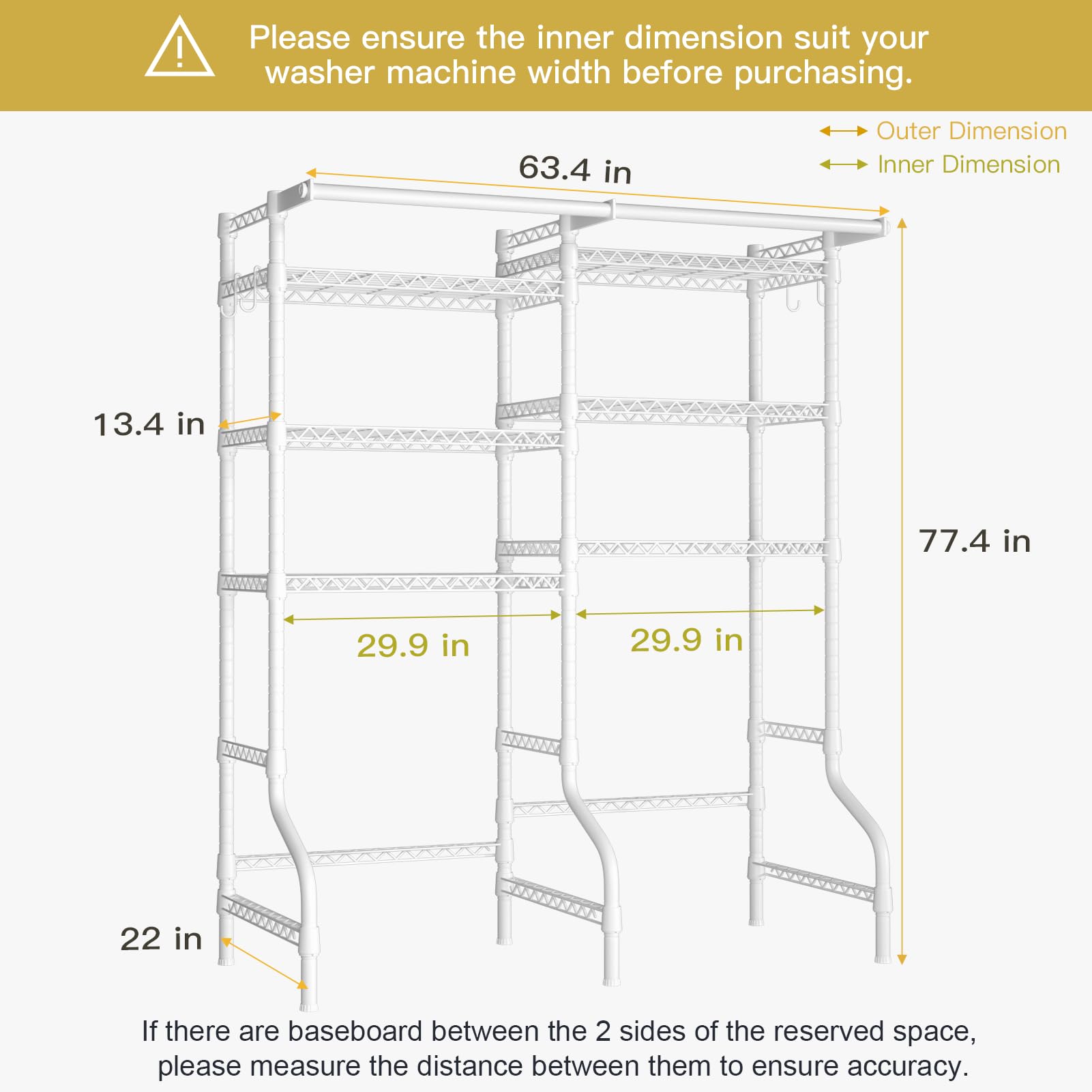 Ulif U13 Over Washer and Dryer Storage Shelf - 6-Tier Laundry Room Organizer with 2 Hanger Rods, Space-Saving Clothes Drying Rack (63.4
