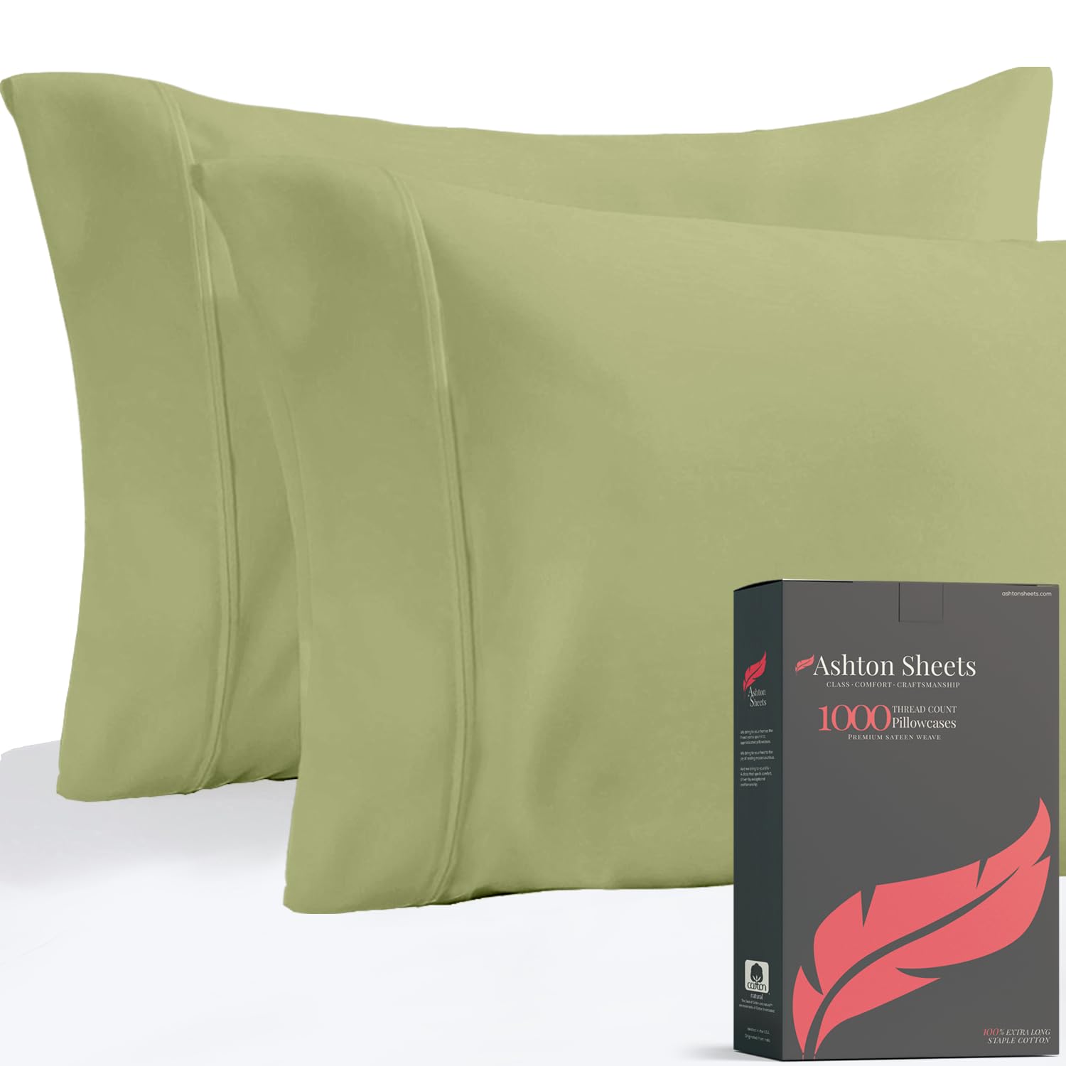 Luxury Egyptian Cotton Pillowcases Set of 2 - 1000 Thread Count Sateen Weave Cooling Standard/Queen Size Pillow Covers - Sage Green for Bedroom Comfort & Hot Sleepers
