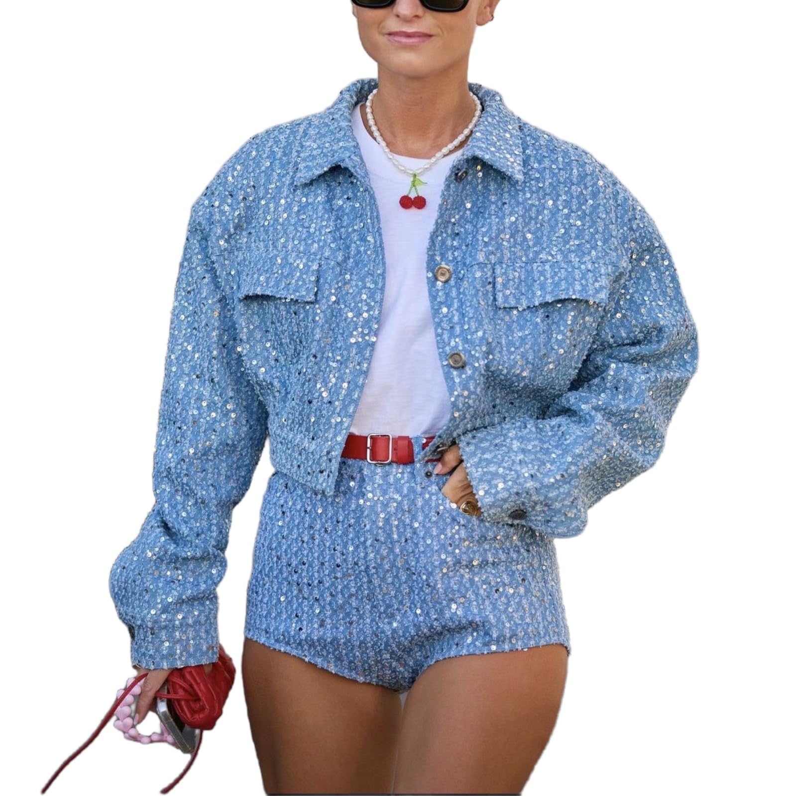 Molilove Women's 2-Piece Denim Jacket & Shorts Set - Sparkle Sequin Long Sleeve Jean Jacket Outfit for Casual Wear, Party, and Date Night