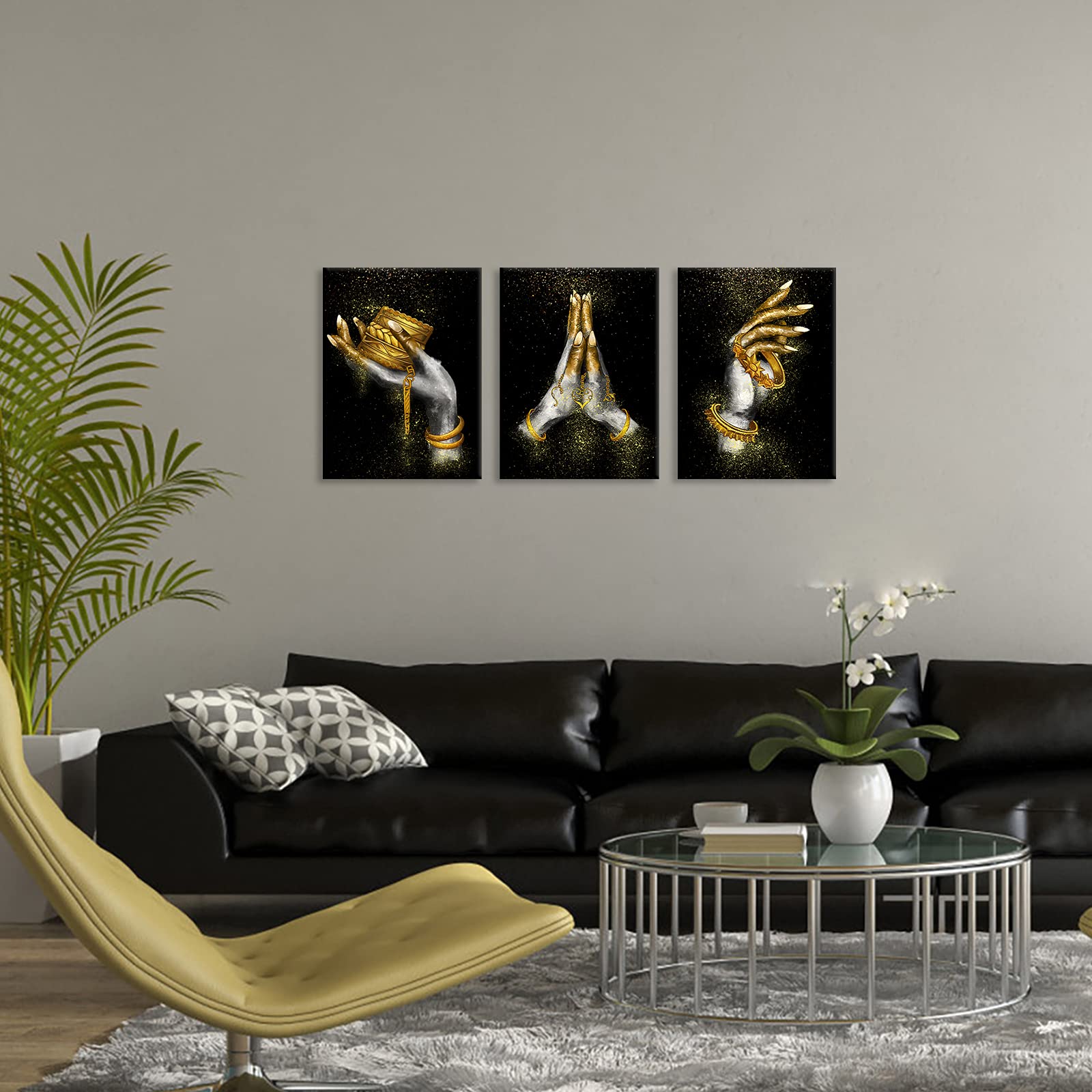 African American Wall Art Canvas Print - Gold & Black Woman Portrait with Hand Accessories, Framed Painting for Home, Bedroom & Bathroom Decor | Modern Black Girl Art Poster for Living Room & Office
